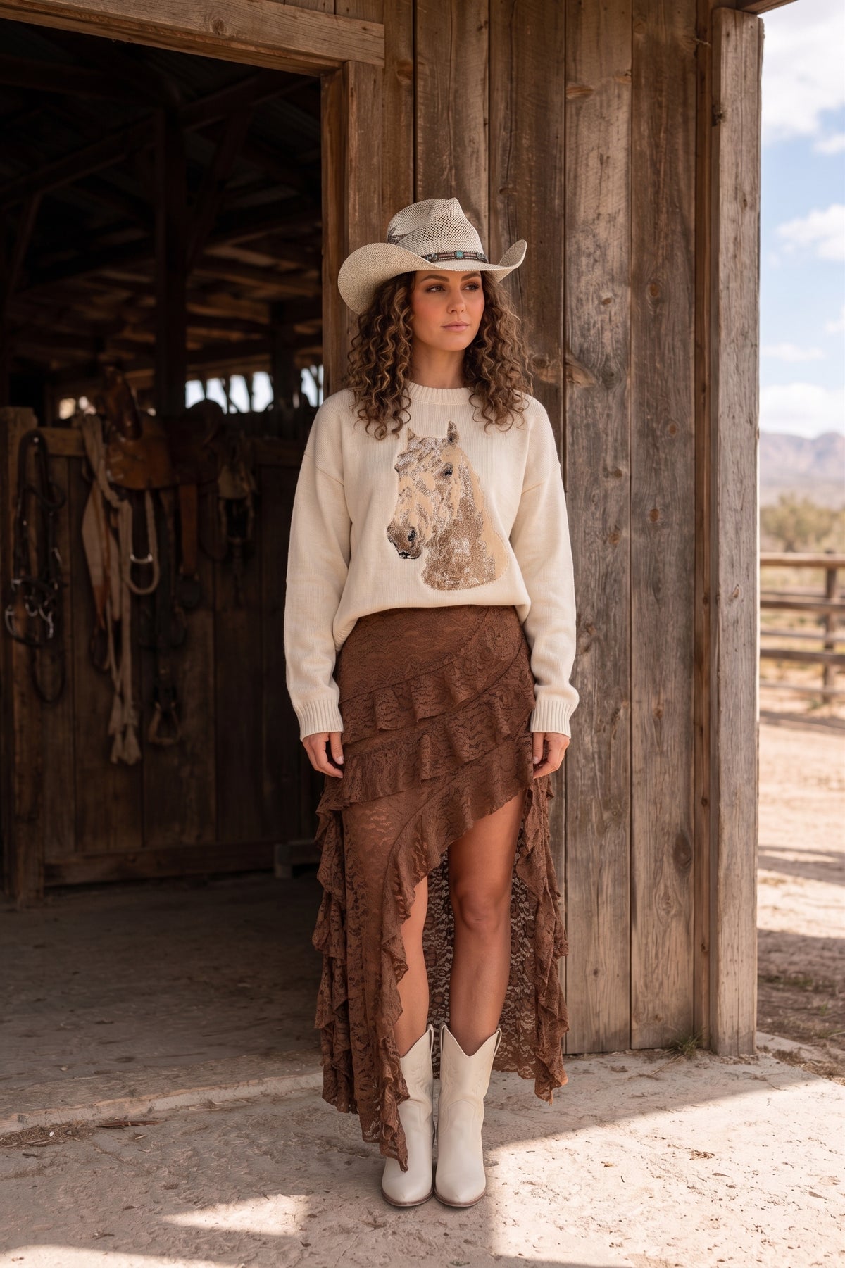 Horse graphic knit sweater perfect for all season long. add a touch of the country to any outfit. NFR outfits and more