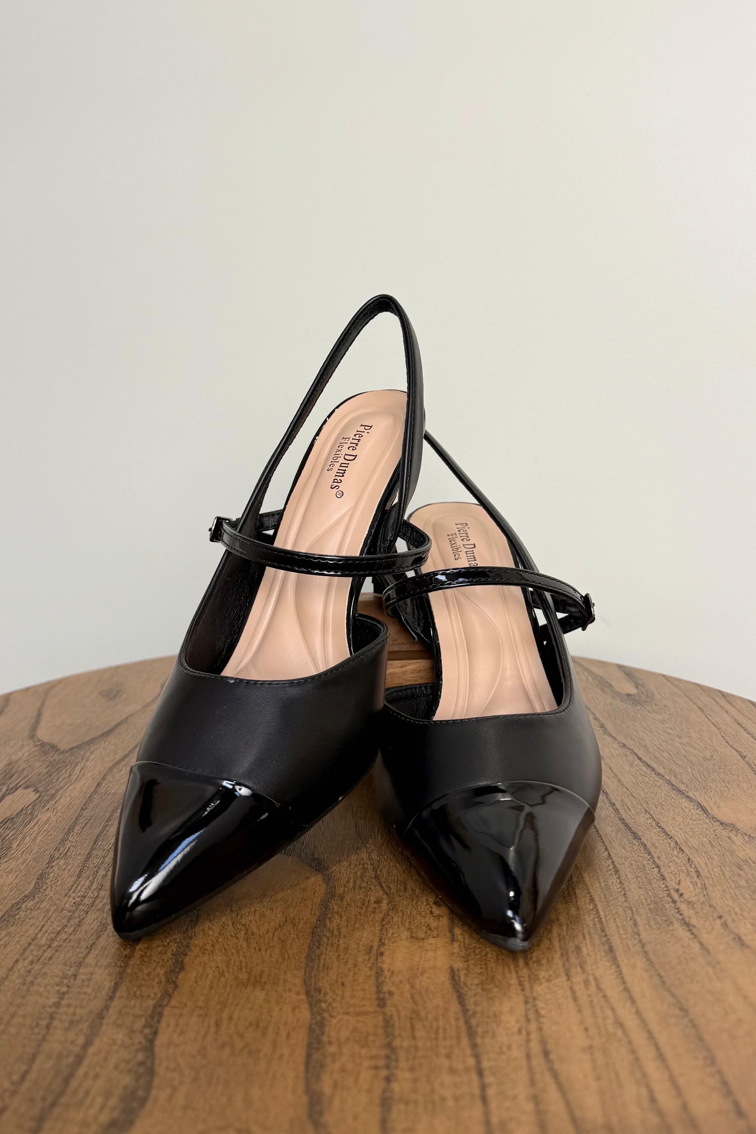 point toe slick back black heels