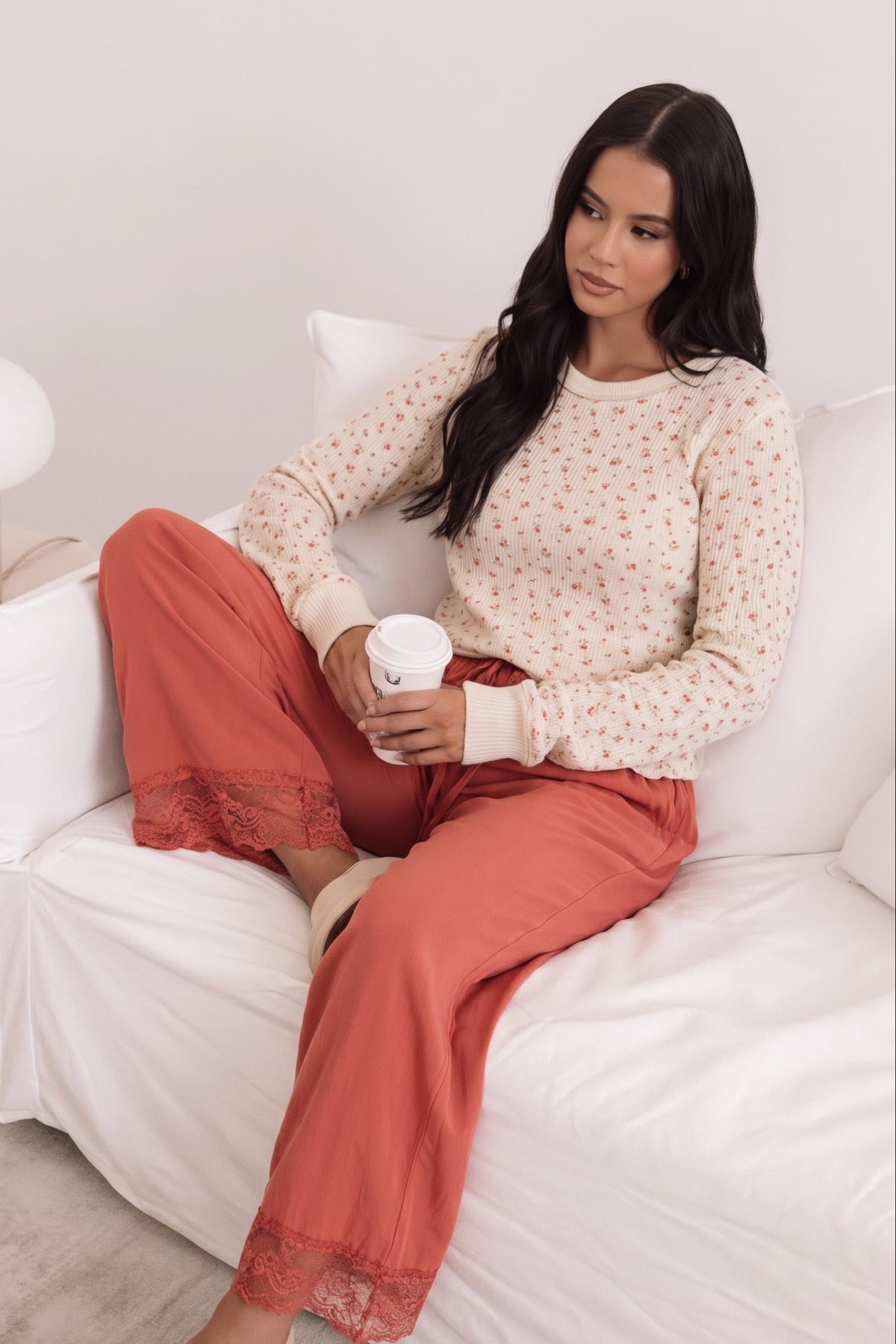 Natural color ribbed top with pink floral pattern. Pair with your favorite lounge pants, or perfect under jackets or vests.