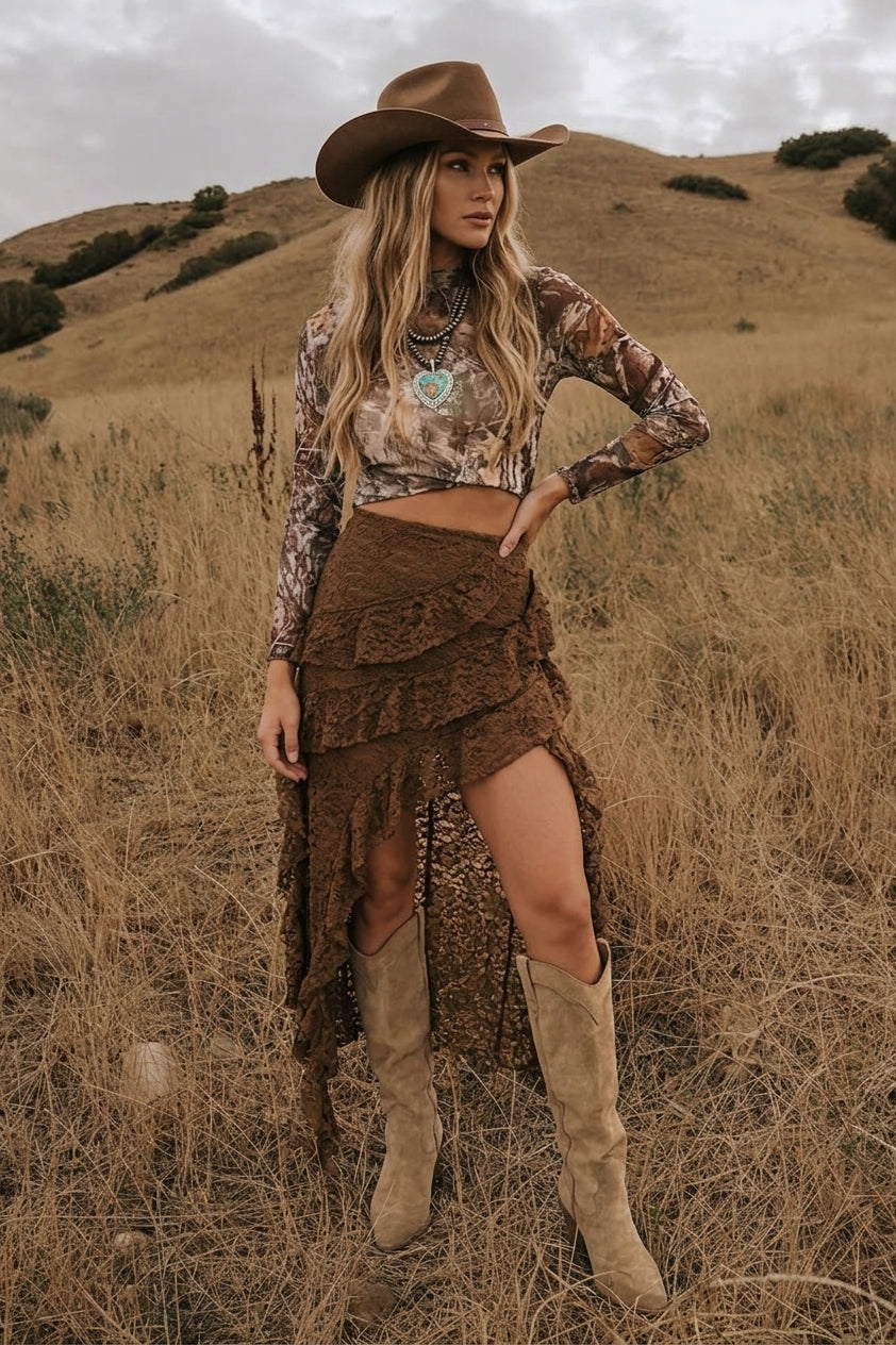 Lace high low ruffled skirt with shorts. perfect for western rodeos, concerts, fairs, or everyday