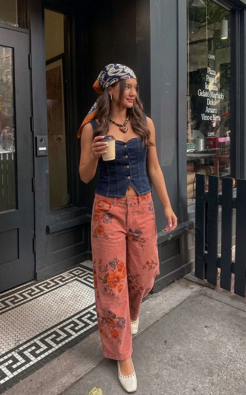 Dusty Rose floral micro barrel jeans. 5 pocket style