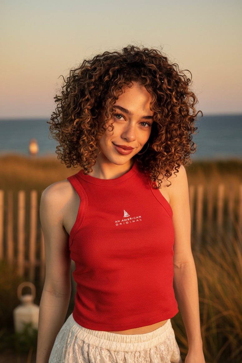 Red ribbed tank, racerback tank top, 4th of July outfit, summer essentials, coastal chic, patriotic clothing, micro rib tank, American Original tank, women's summer fashion, boutique red tank.