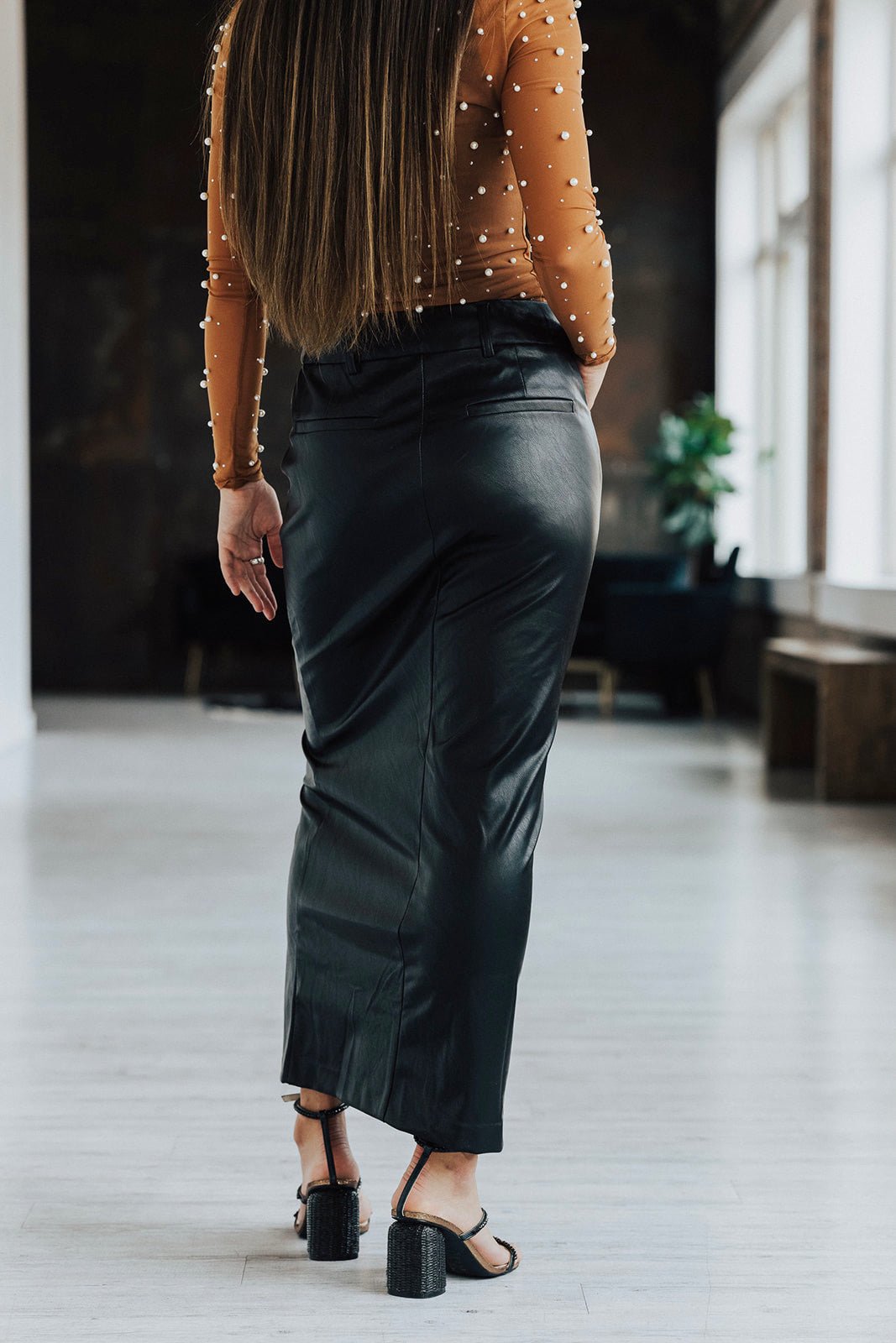 Astr Low Rise Faux Leather Midi Skirt Lux Collection - FINAL SALE