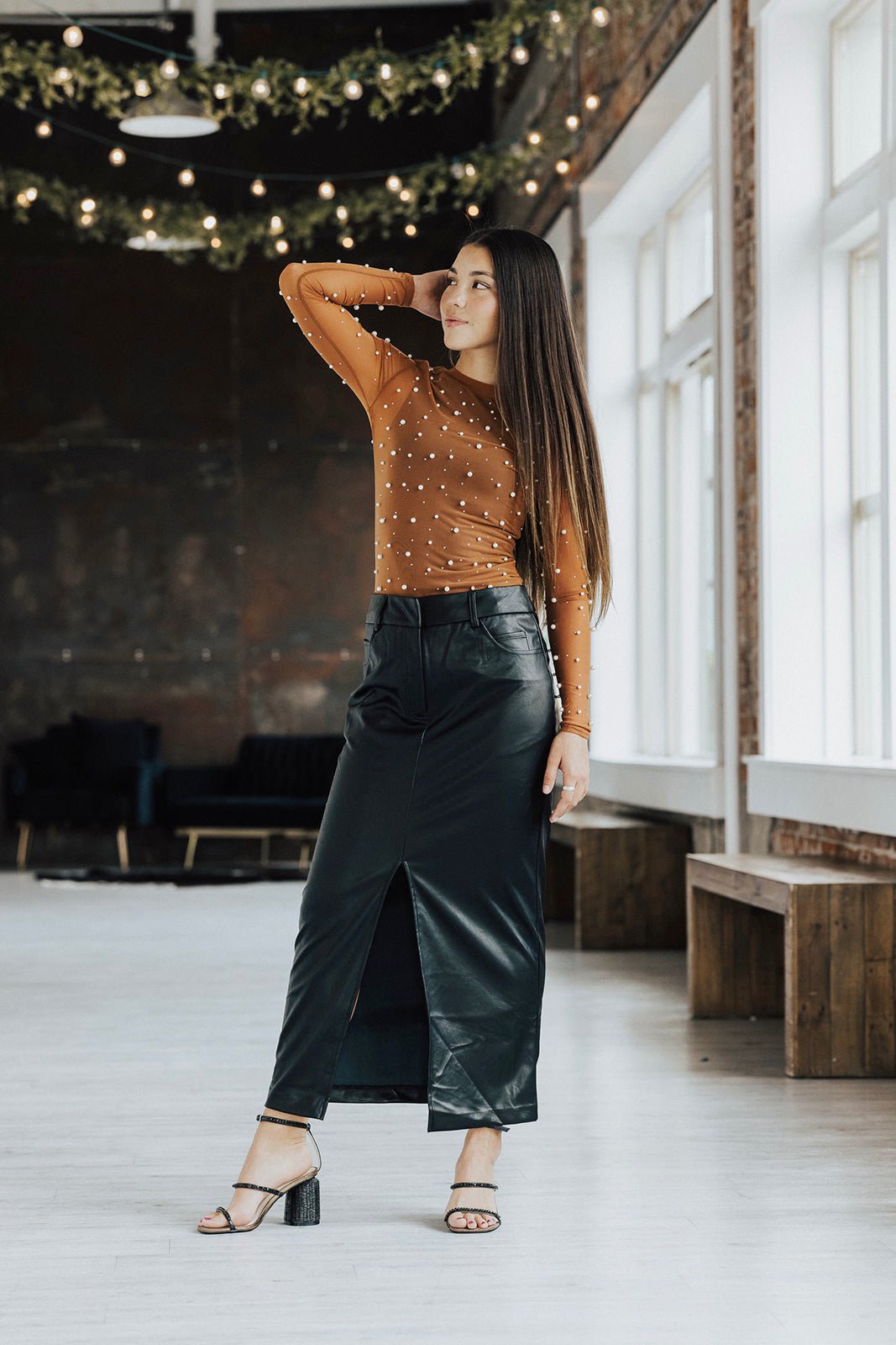 Astr Low Rise Faux Leather Midi Skirt Lux Collection - FINAL SALE