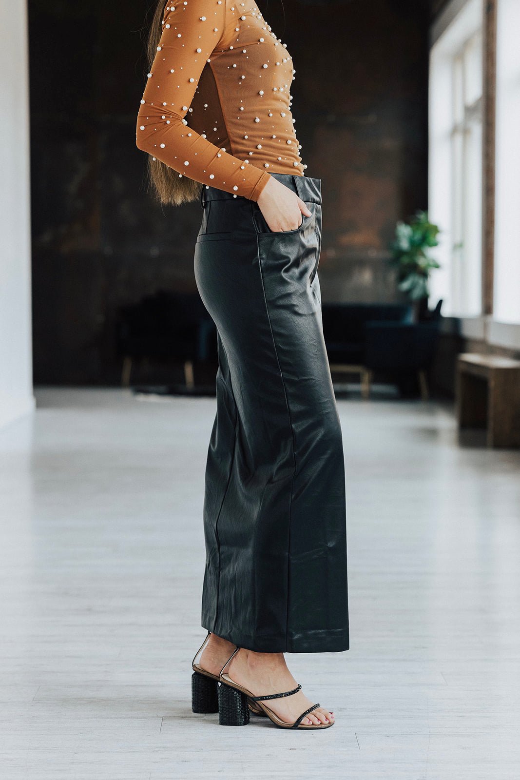 Astr Low Rise Faux Leather Midi Skirt Lux Collection - FINAL SALE