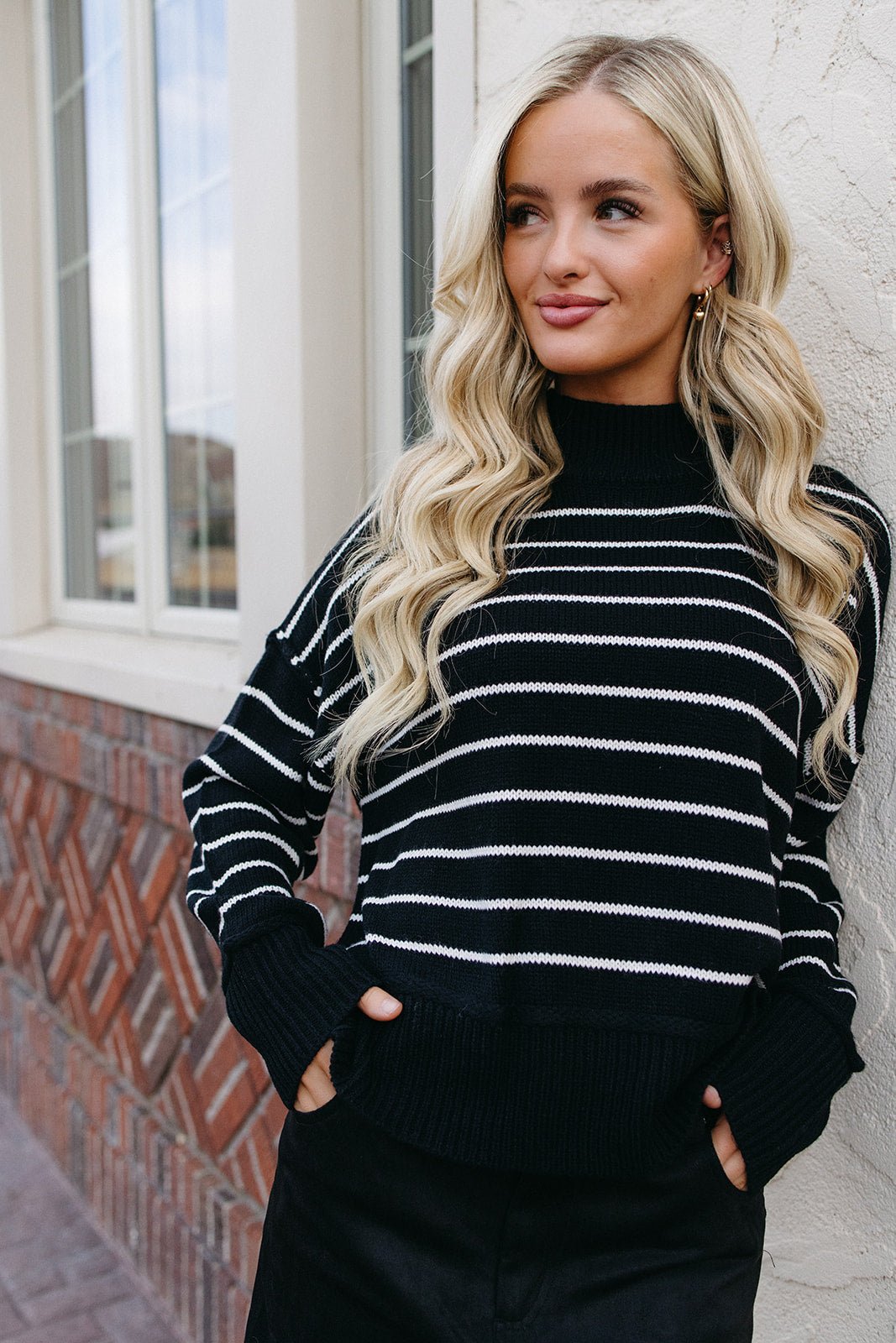 Knit sweater, striped sweater, mock neck top, fall top, womens sweater