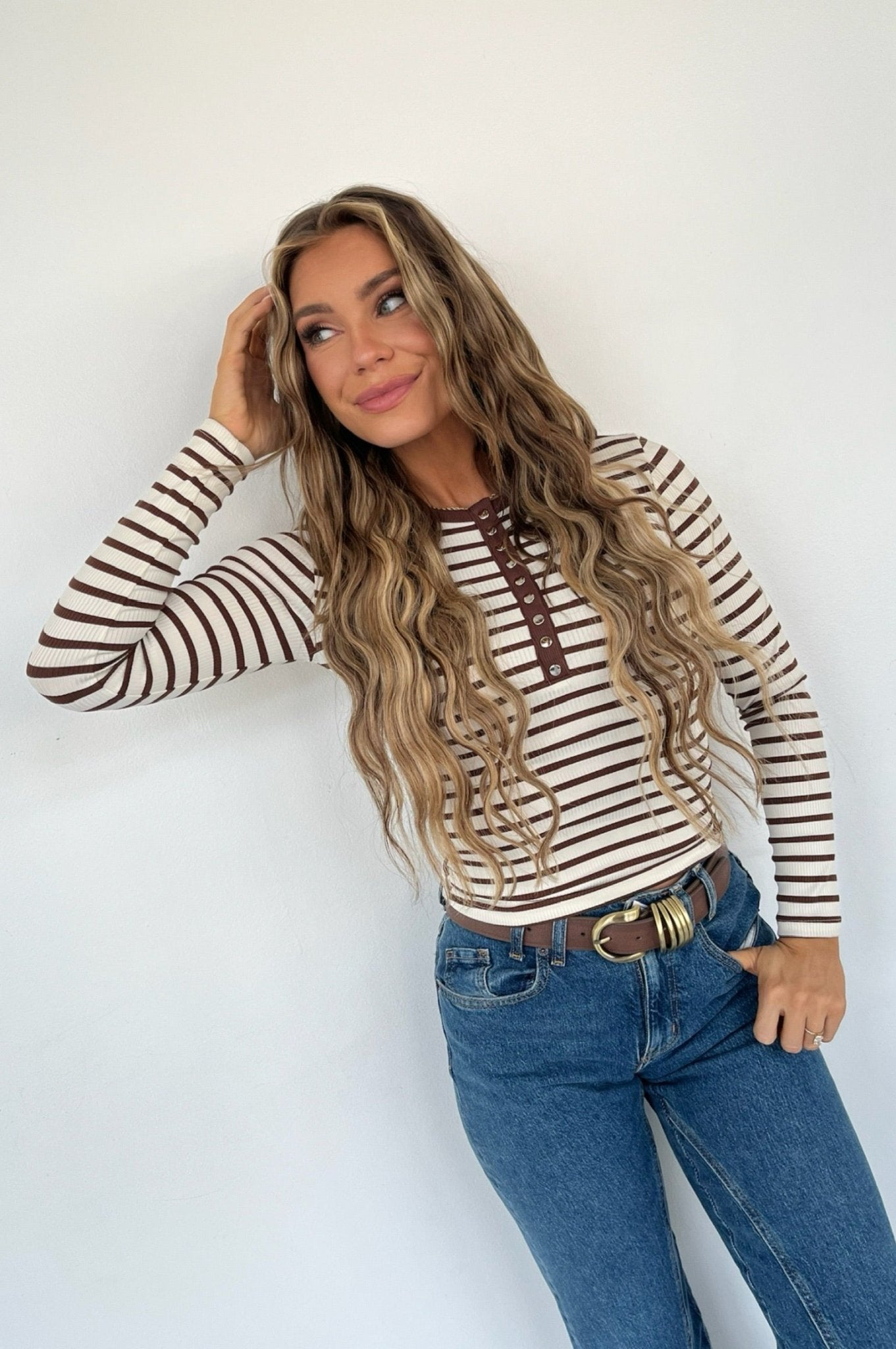 long sleeve henley striped top