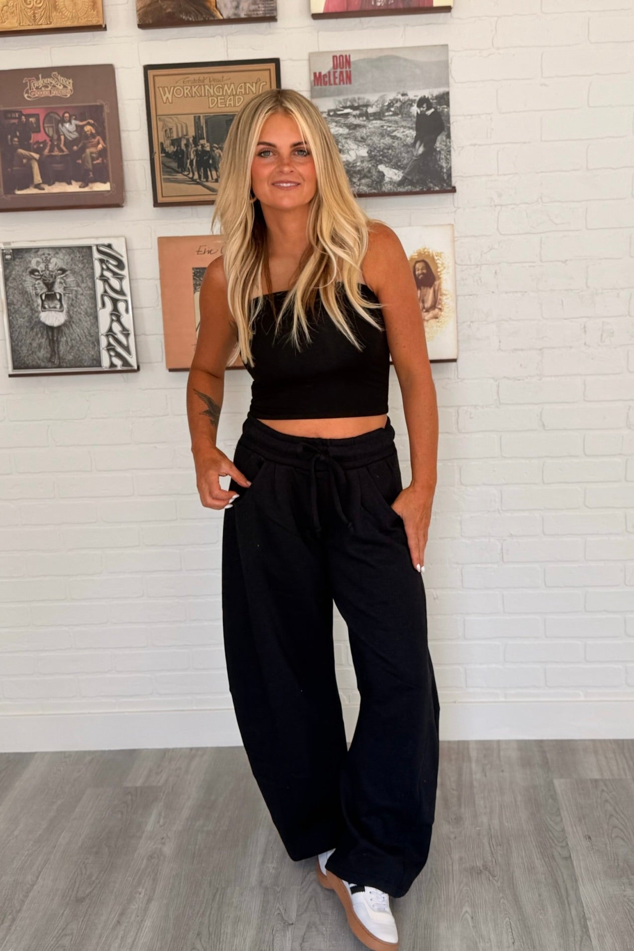 Barrel leg sweatpants with drawstring waist. Comfy meets still looking put together