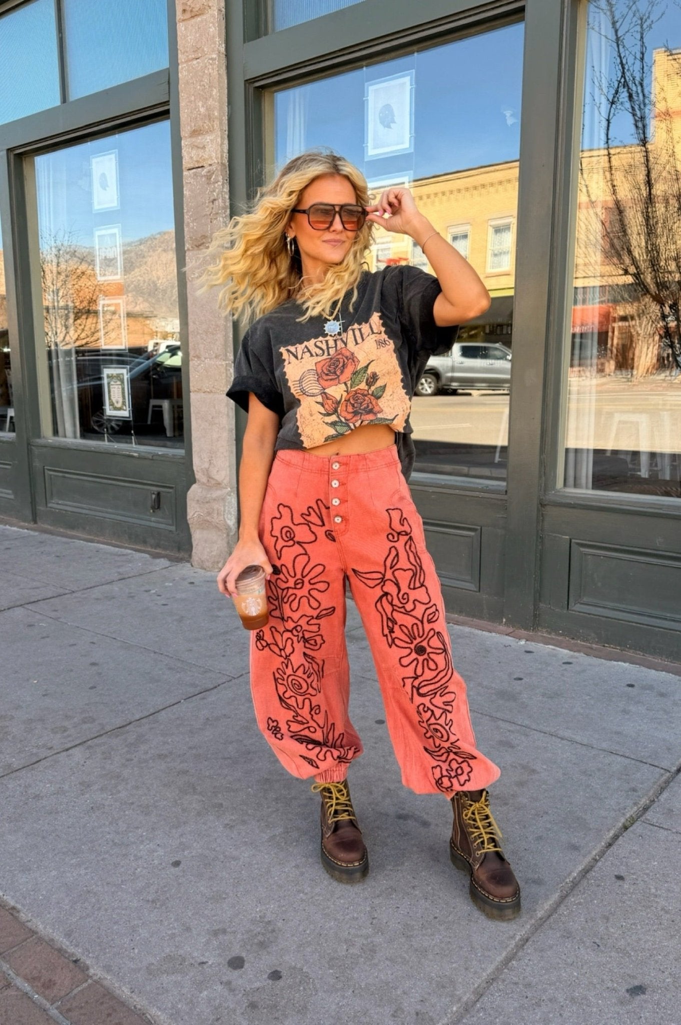 Floral embroidered pants, women's twill joggers, boho-chic trousers, artisanal clothing, relaxed fit embroidered pants, terracotta statement pants, botanical detail fashion.