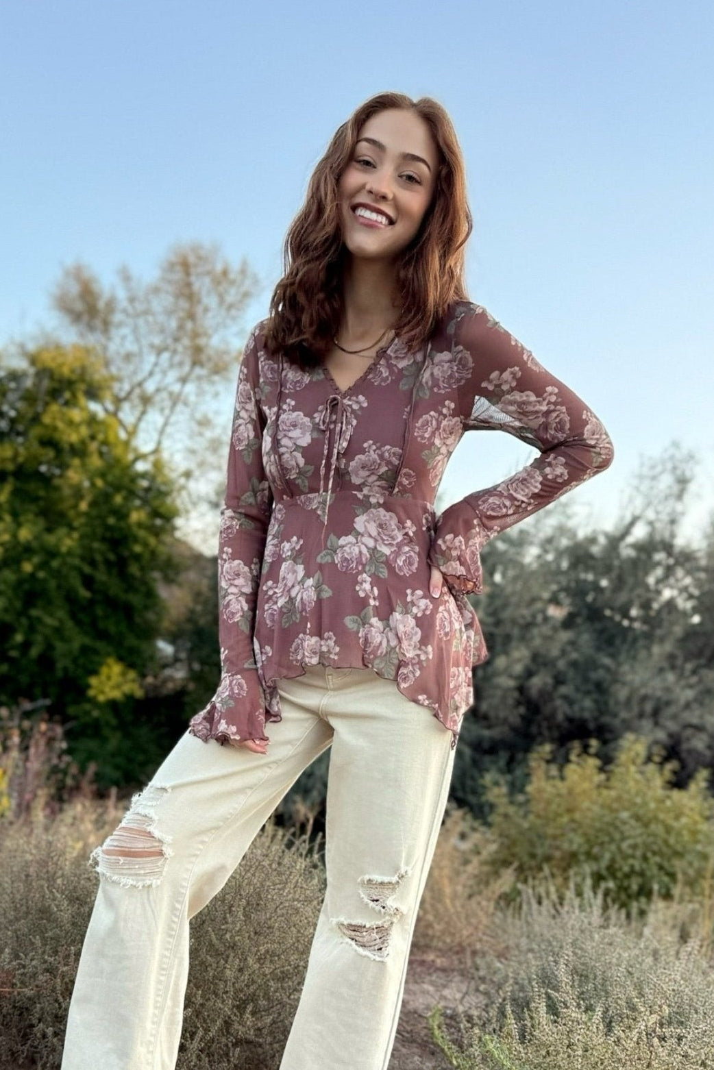 Floral top, womens floral mesh top, womens long sleeve top