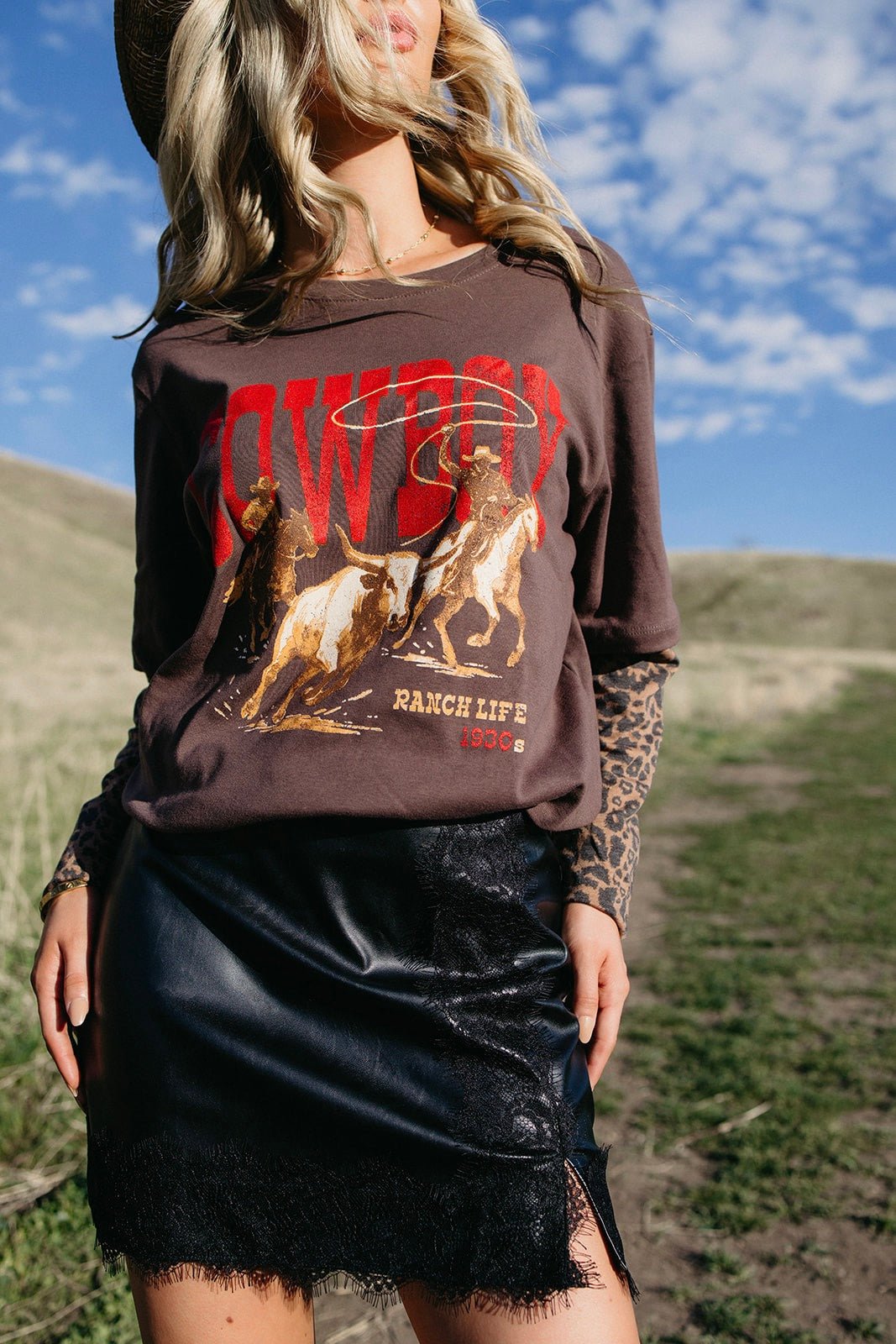 Cowboy Ranch Life, Western Graphic Tee, Lace Sleeve Top, Country Concert Outfit, Boho Western Style, Women's Graphic Tops, Layered Look Shirt, Ranch Life Apparel, country festival