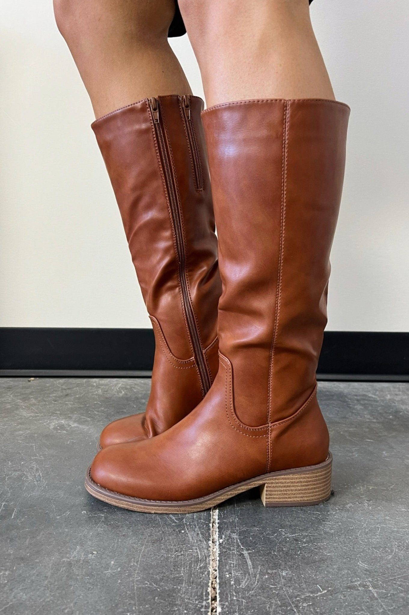 brown double zipper riding style boots