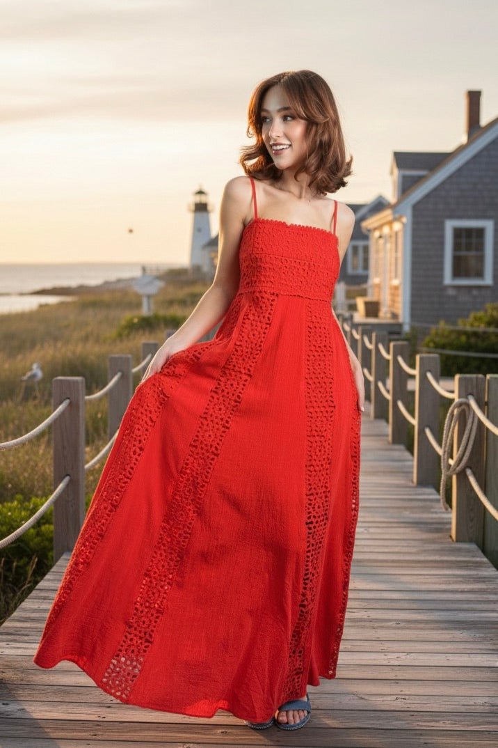 European summer dress, lace maxi dress, crochet bodice dress, vacation outfits, beach wedding guest dress, red maxi dress, resort wear, feminine summer style.