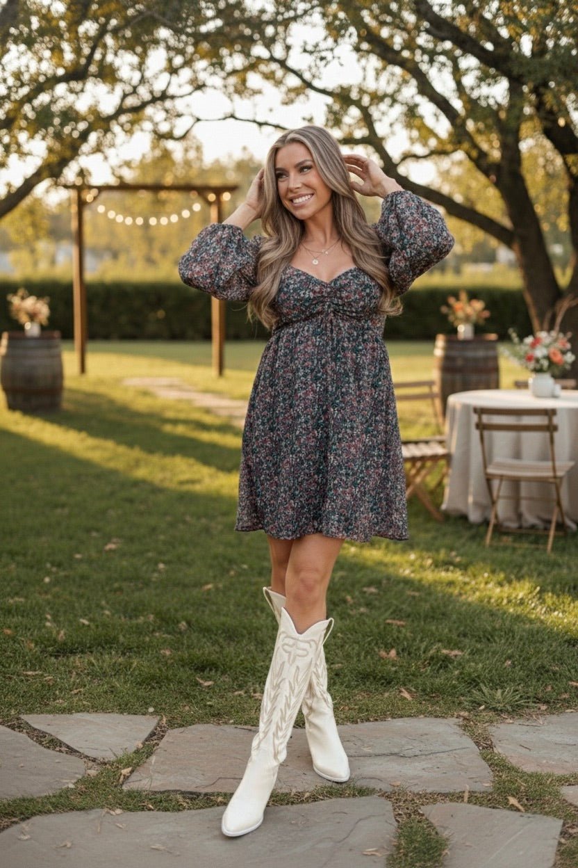 floral boho dress, ruched mini dress, long sleeve spring dress, Easter Sunday outfit, lightweight floral dress, feminine brunch attire, bohemian floral print