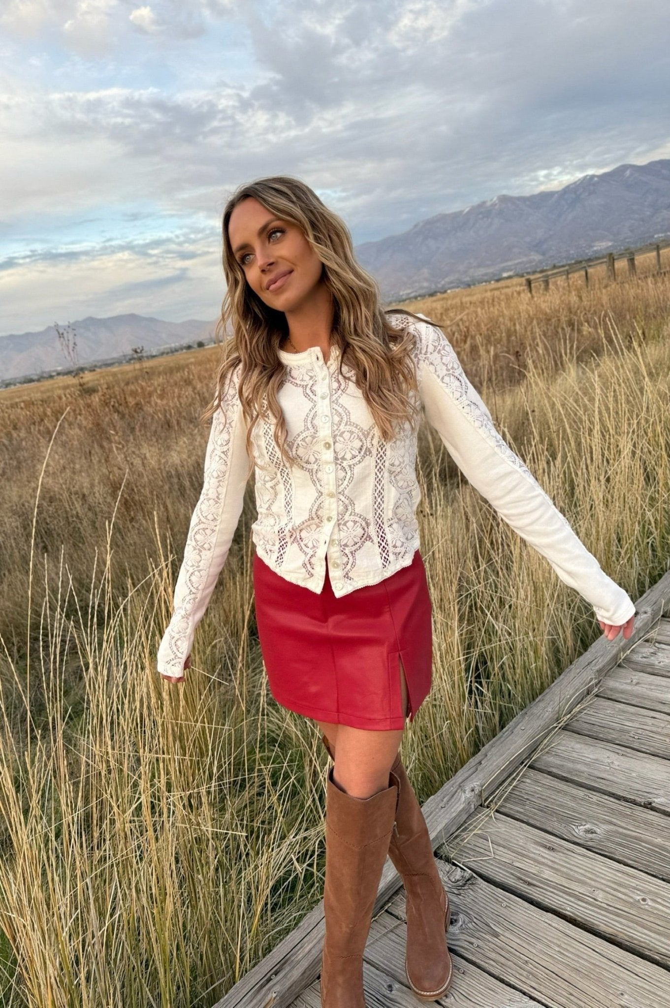 free people lace front button long sleeve top