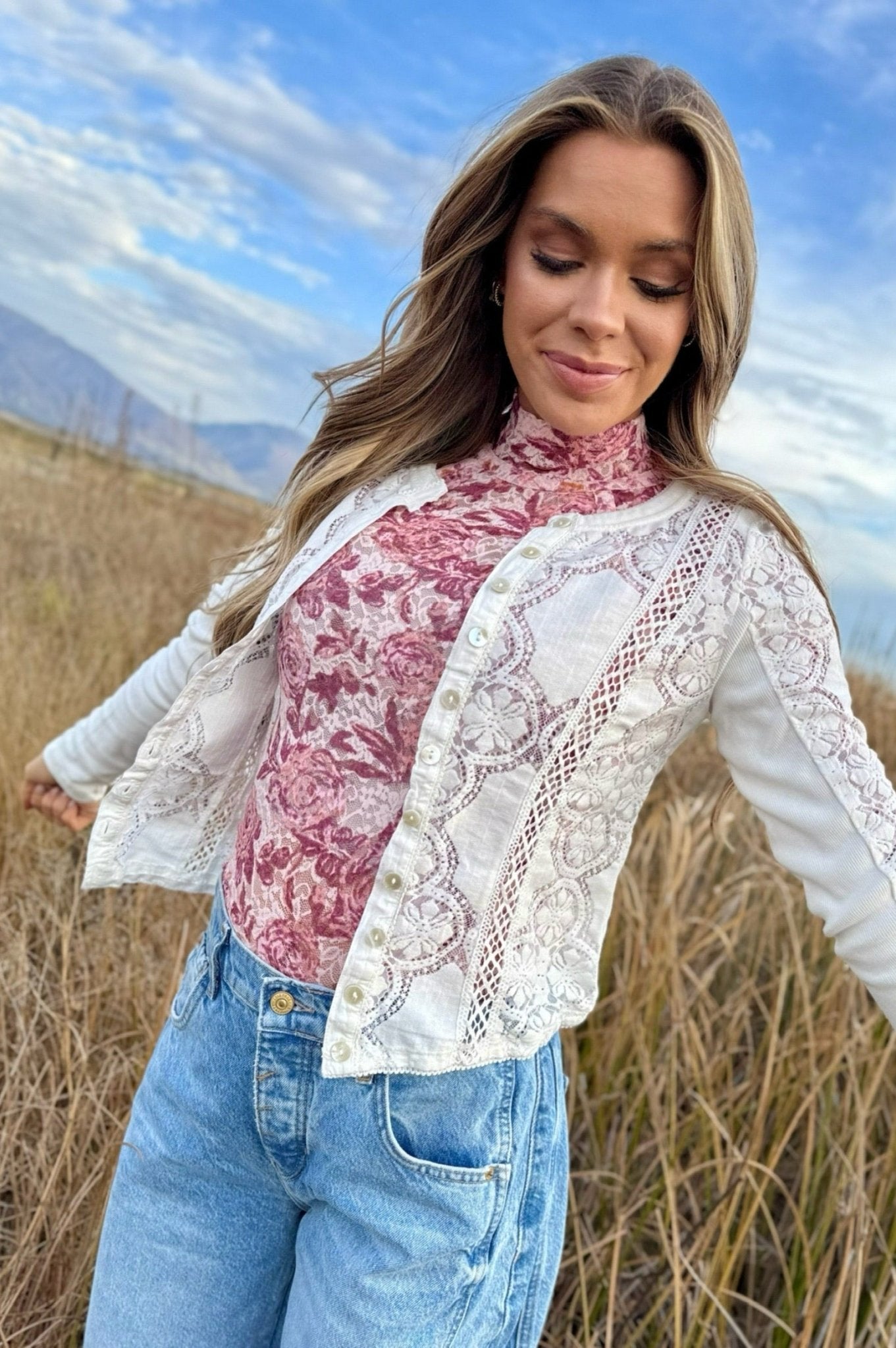 Free People Jae Sheer Lace Knit Long Sleeve Top