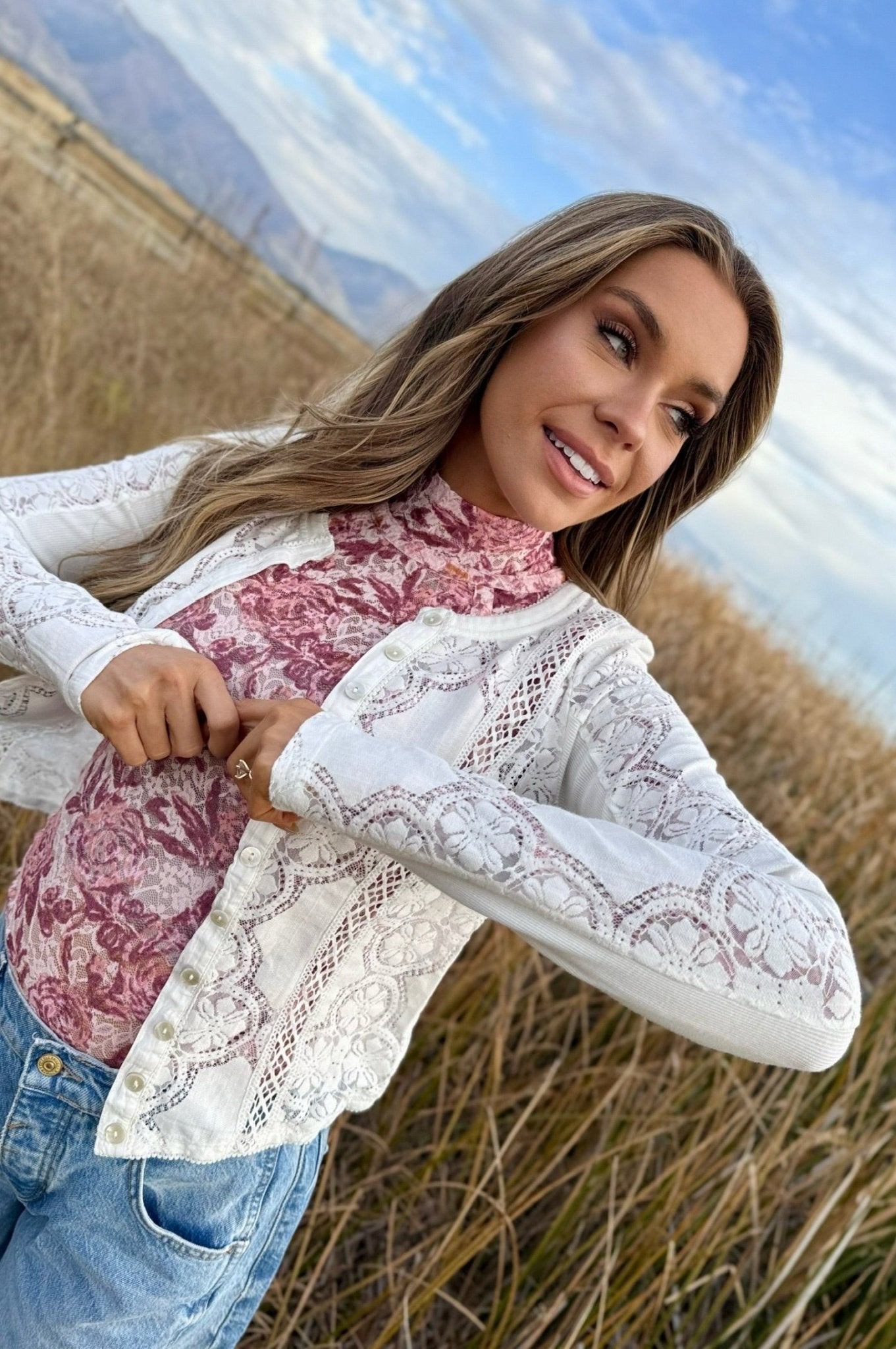 Free People Jae Sheer Lace Knit Long Sleeve Top