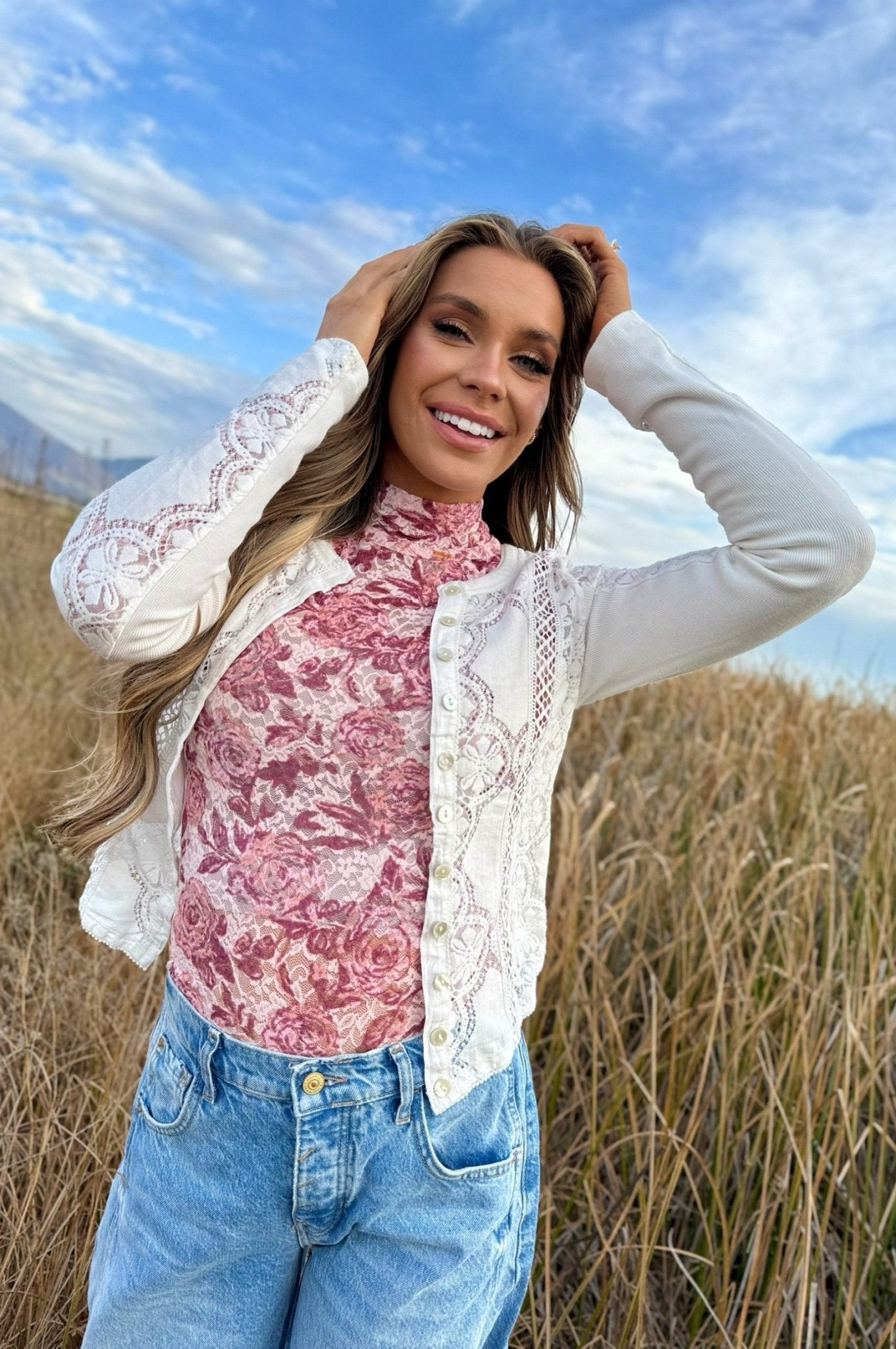 Free People Jae Sheer Lace Knit Long Sleeve Top