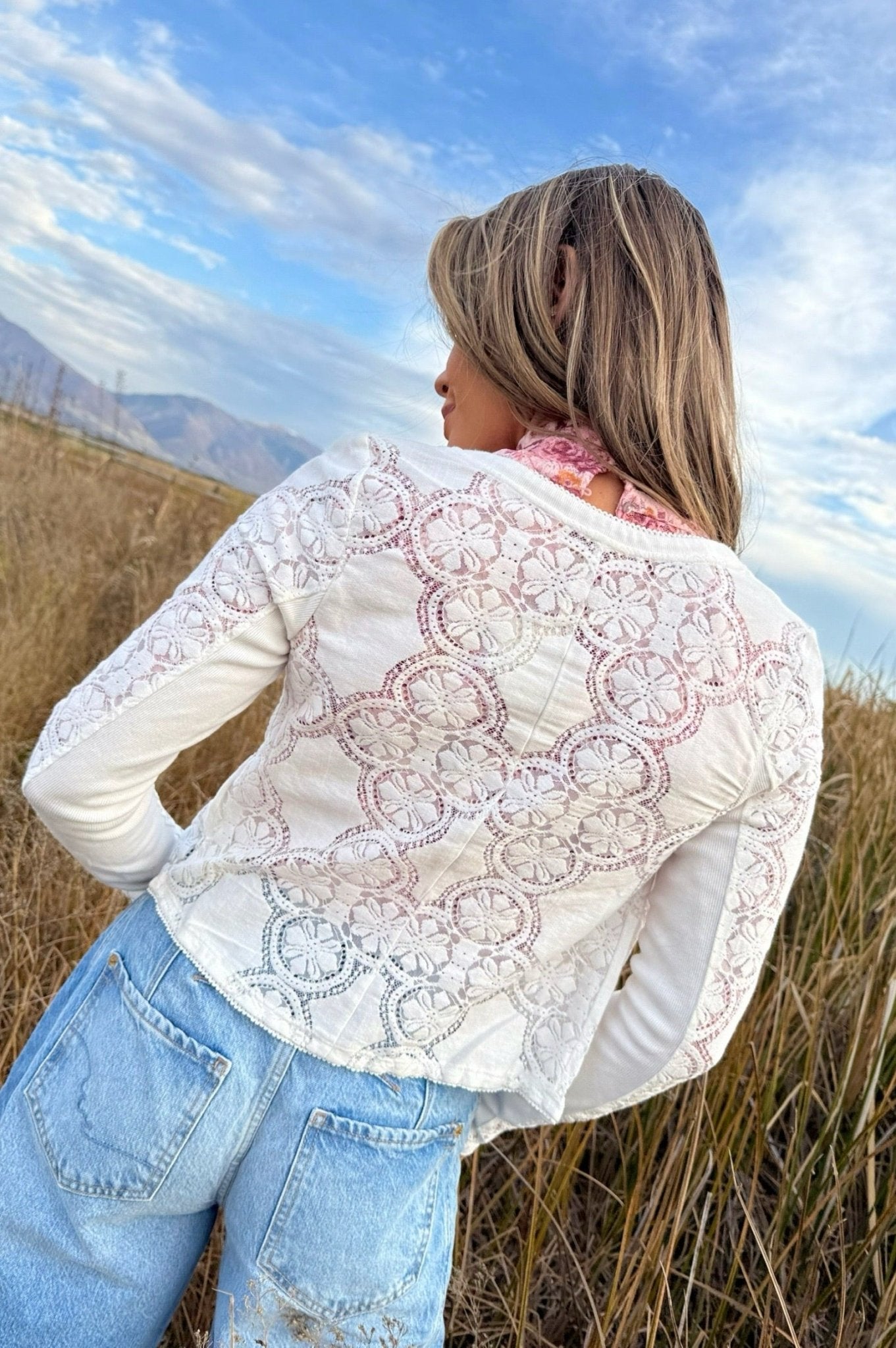 Free People Jae Sheer Lace Knit Long Sleeve Top