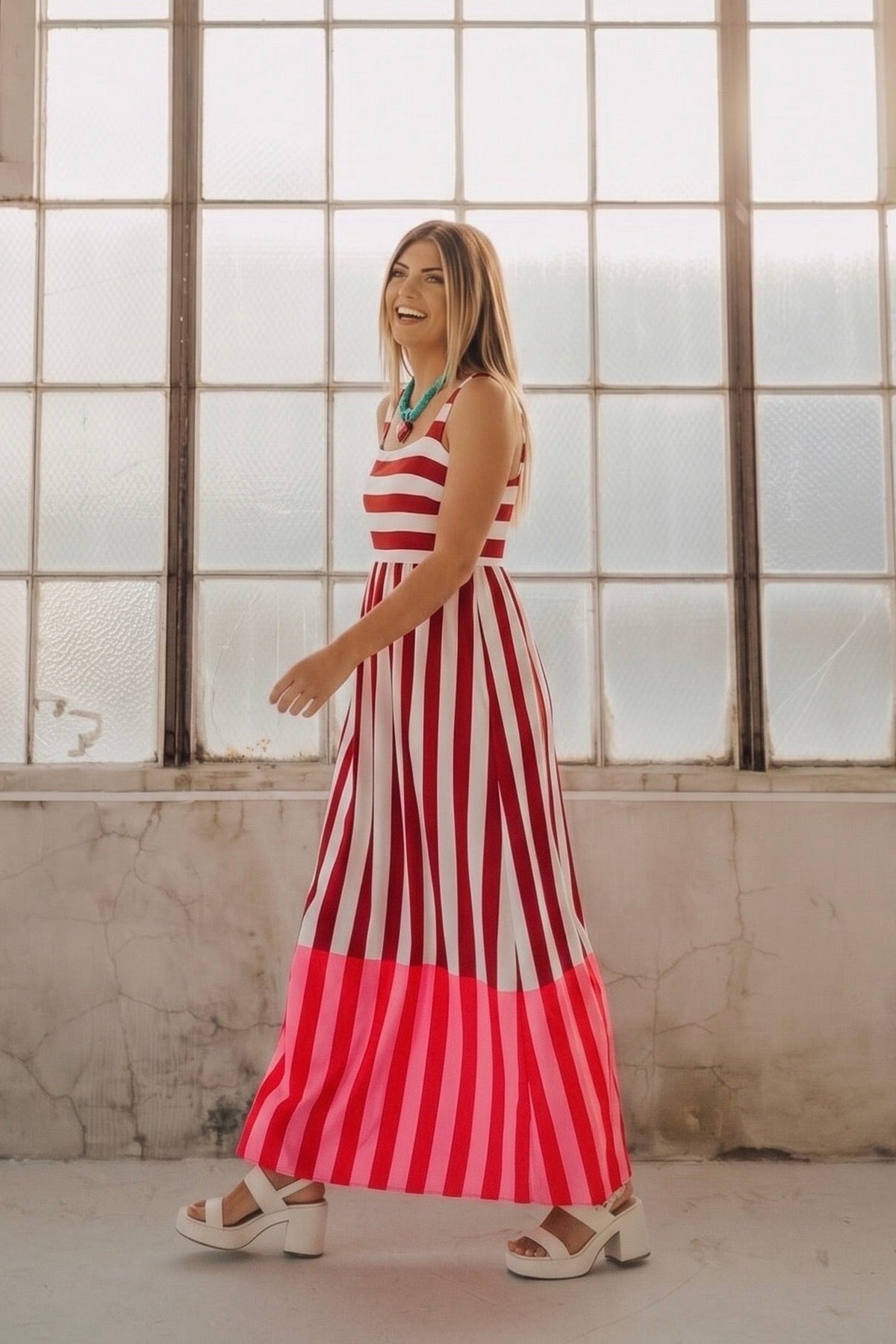 Striped maxi dress with tank bodice. 2 toned colorful and fun. Wear to church, out for errands, or relaxing at home