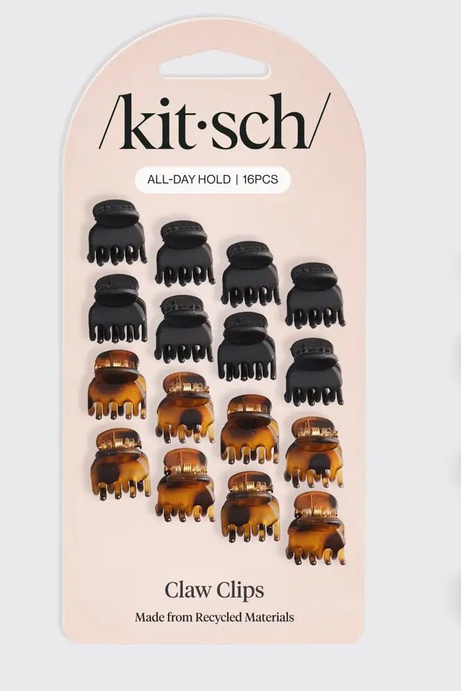 Kitsch 16 pack mini claw clips in black and tortoise made from recycled materials