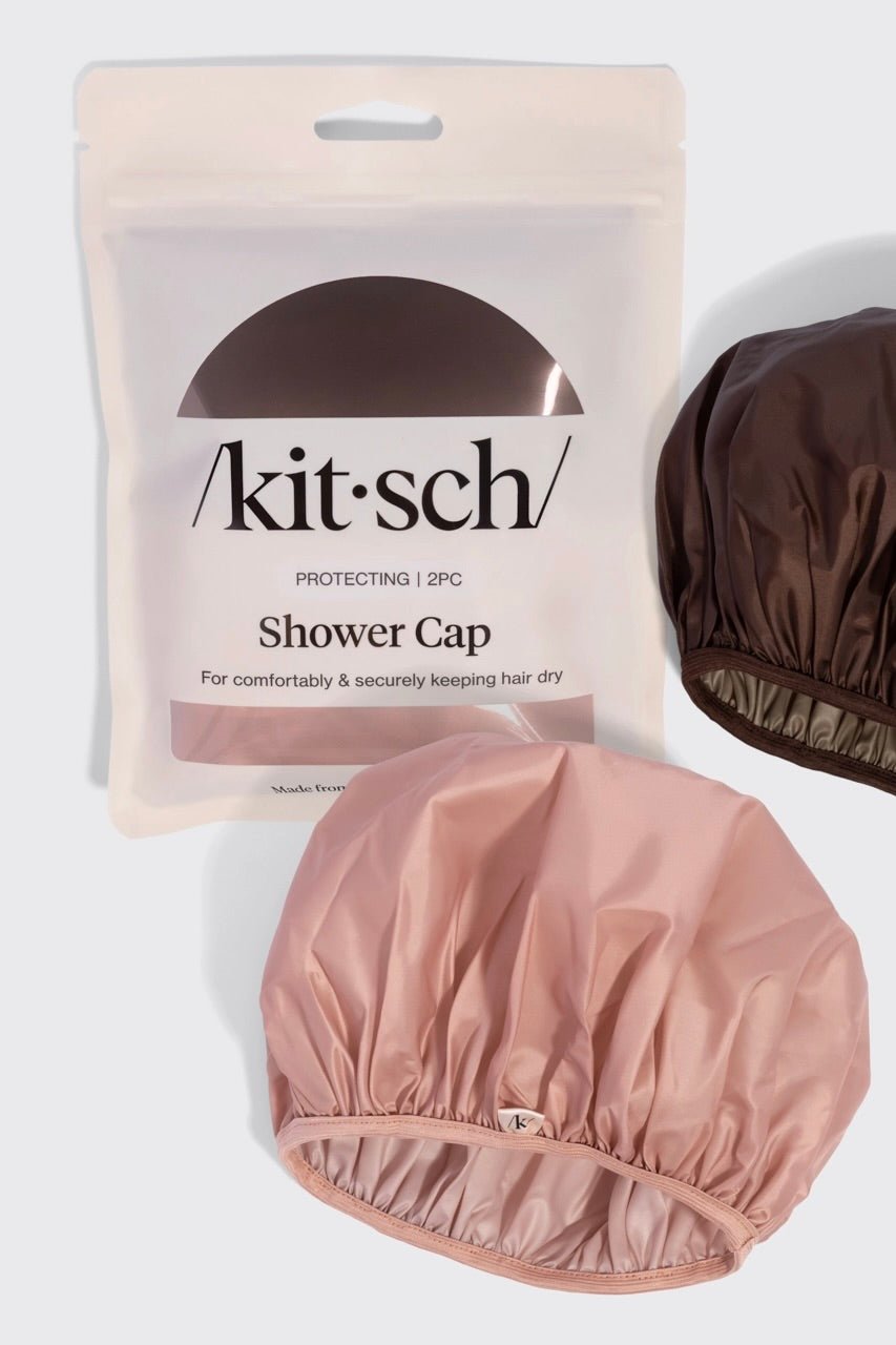 Kitsch waterproof shower cap 2 pack in pink and brown with comfortable elastic trim