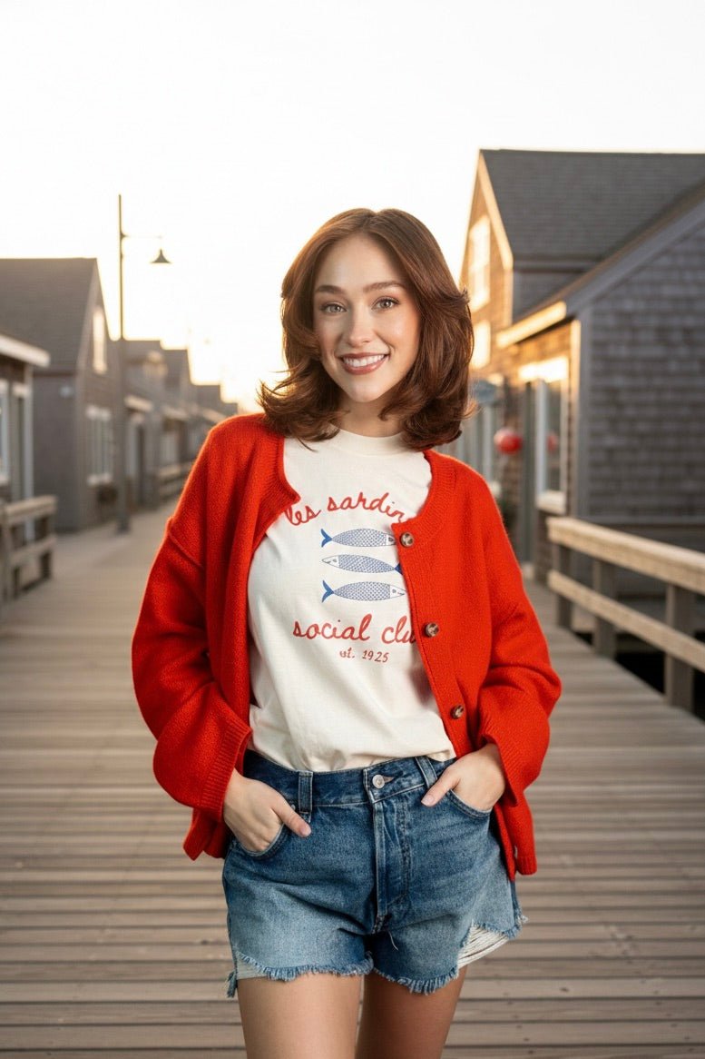 Les Sardines Social Club, oversized graphic tee, coastal aesthetic, Euro summer fashion, sardine t-shirt, vintage graphic tee, beach outfit, women's oversized tee, coastal cool style.