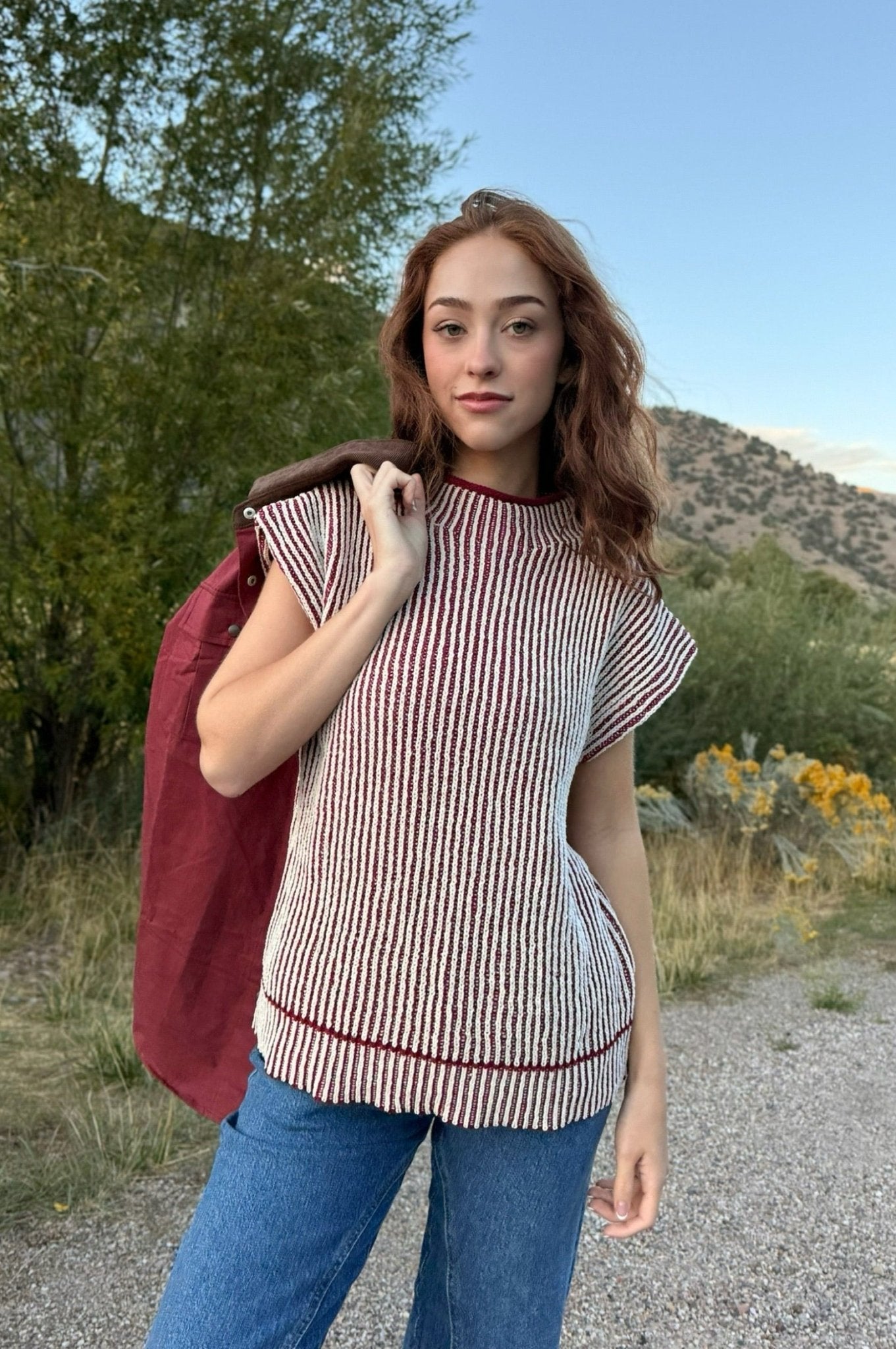 Knit sweater, knit stripe sweater, burgundy sweater, fall sweater, womens sweater, short sleeve sweater