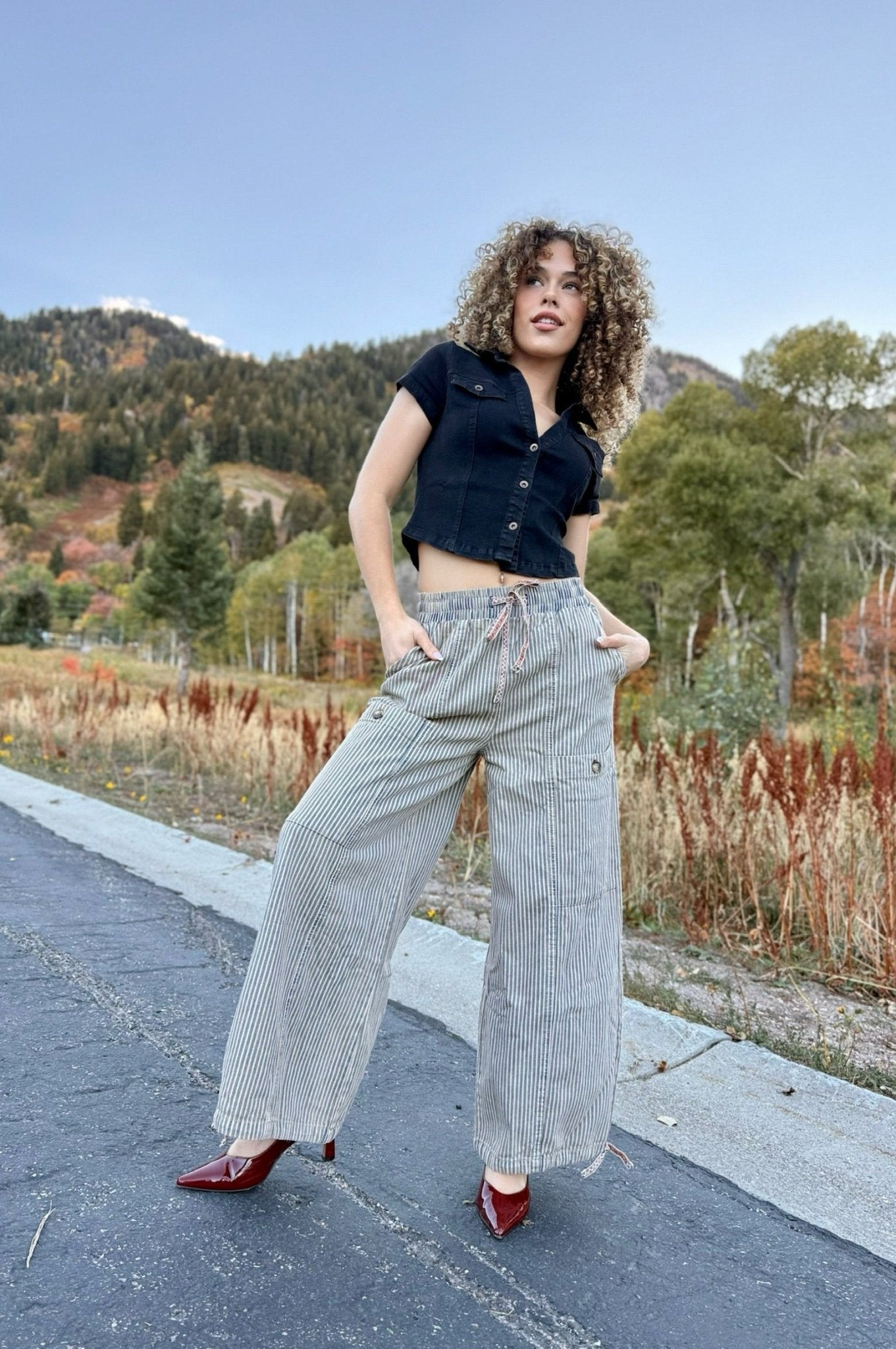 Womens striped pants, wide leg jeans, womens cargo pants, womens adjustable hem pants