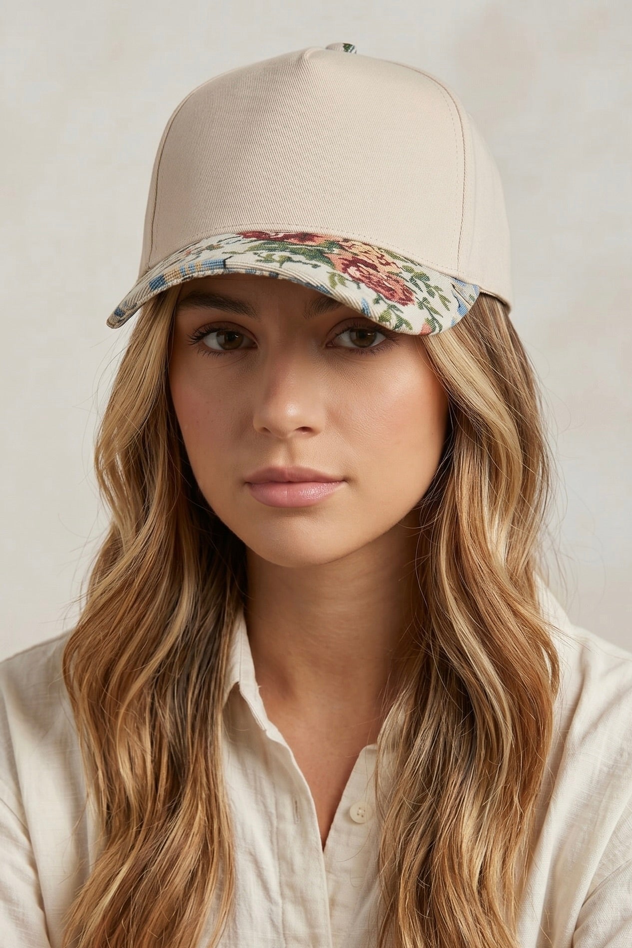 Two-tone trucker hat featuring a floral brocade print brim and neutral crown, perfect for boho western outfits, country concerts, and boutique fashion.