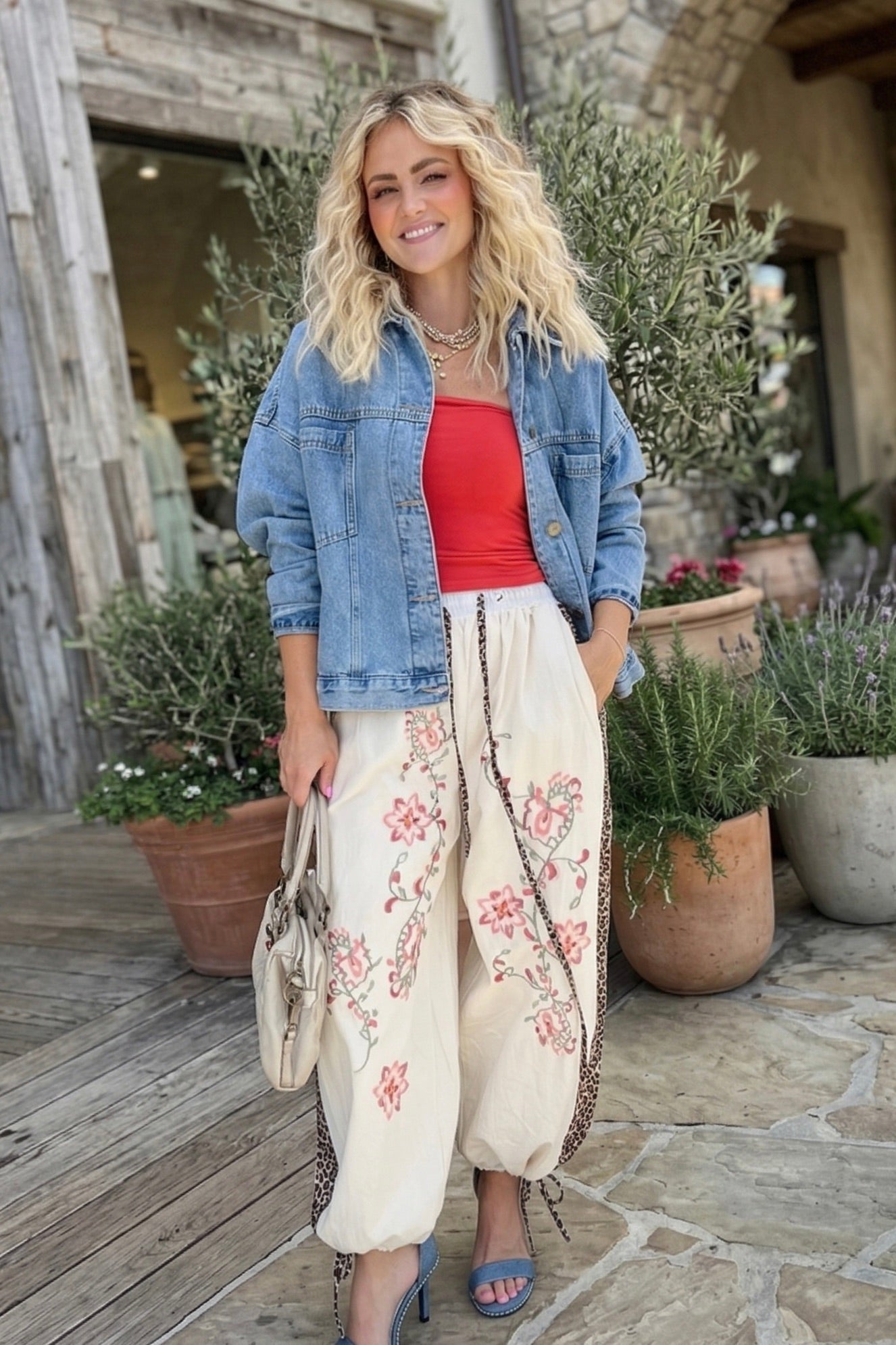 Boho balloon pants, floral embroidered trousers, leopard trim joggers, vintage market style, festival outfit ideas, oversized boho pants, slouchy embroidered pants.