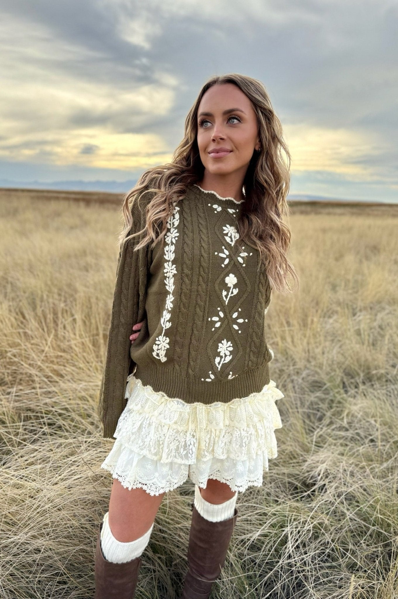 Whimsical Floral Embroidered Cable Knit Sweater, Womens Olive Knit Sweater, Womens Cable Knit Sweater