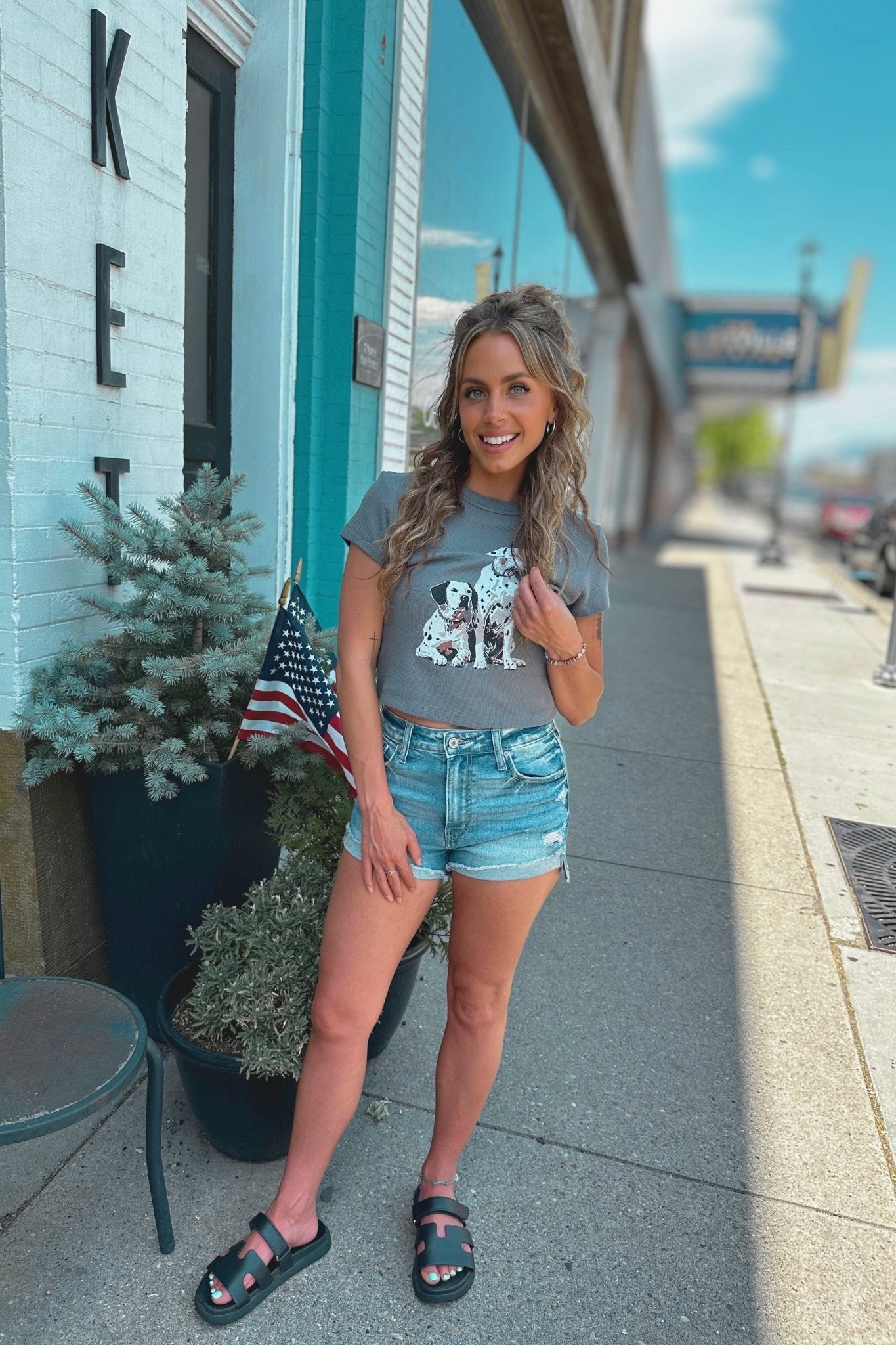 waffle knit Dalmatian print graphic top