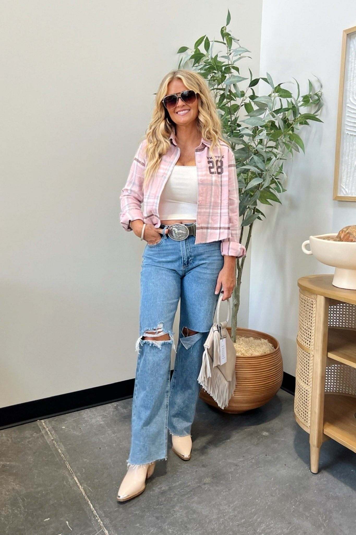 plaid long sleeve button up top