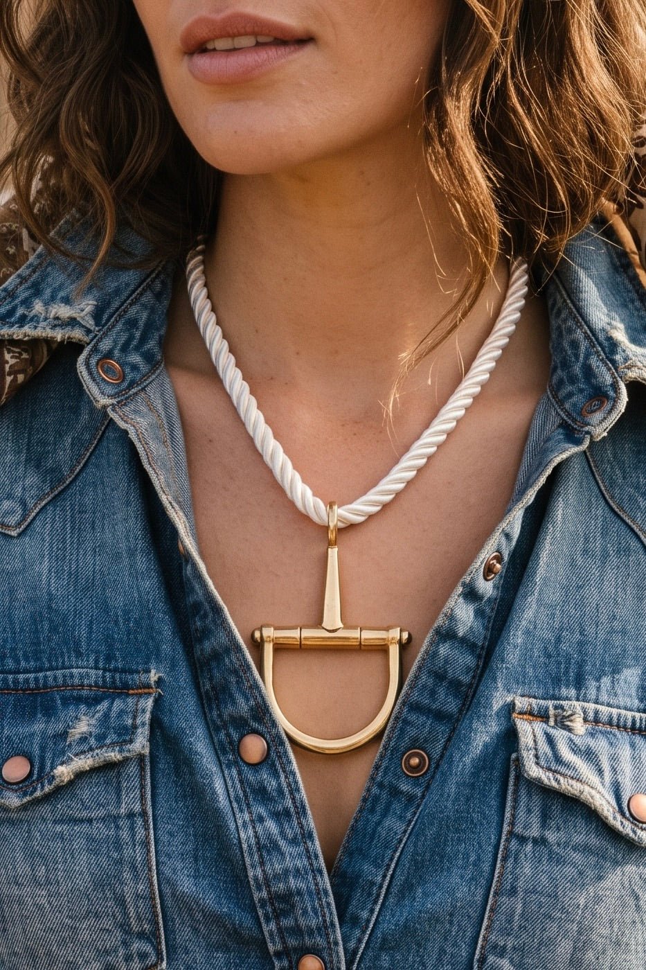 Women’s equestrian-inspired statement necklace featuring an oversized worn gold horse bit pendant on a thick ivory twisted rope cord, styled as bold Western jewelry.