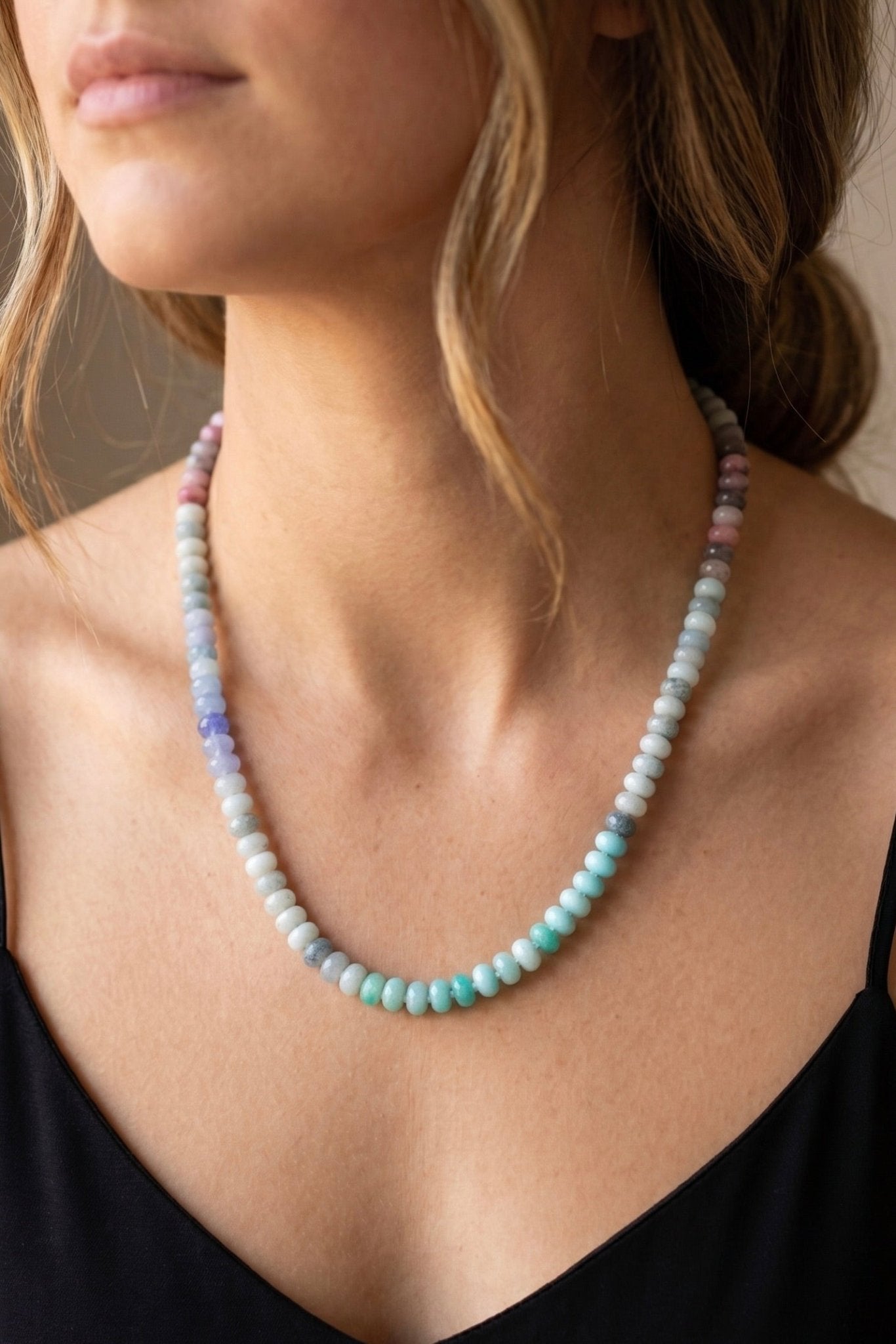 Pastel natural stone and semi-precious bead necklace featuring soft shades of aqua, blush, lavender, and ivory, perfect for layering with spring and summer boho outfits.