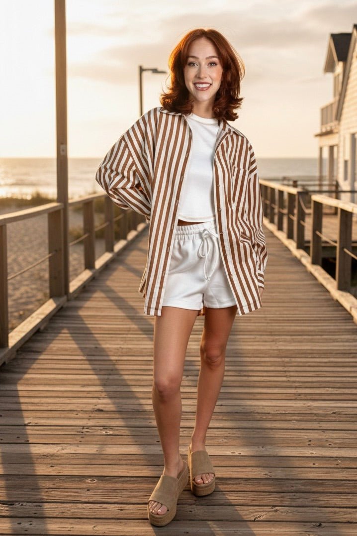 striped button up, women's oversized shirt, vertical stripe shirt, relaxed fit button down, lightweight summer shirt, neutral aesthetic clothing, minimalist fashion, beach cover up shirt