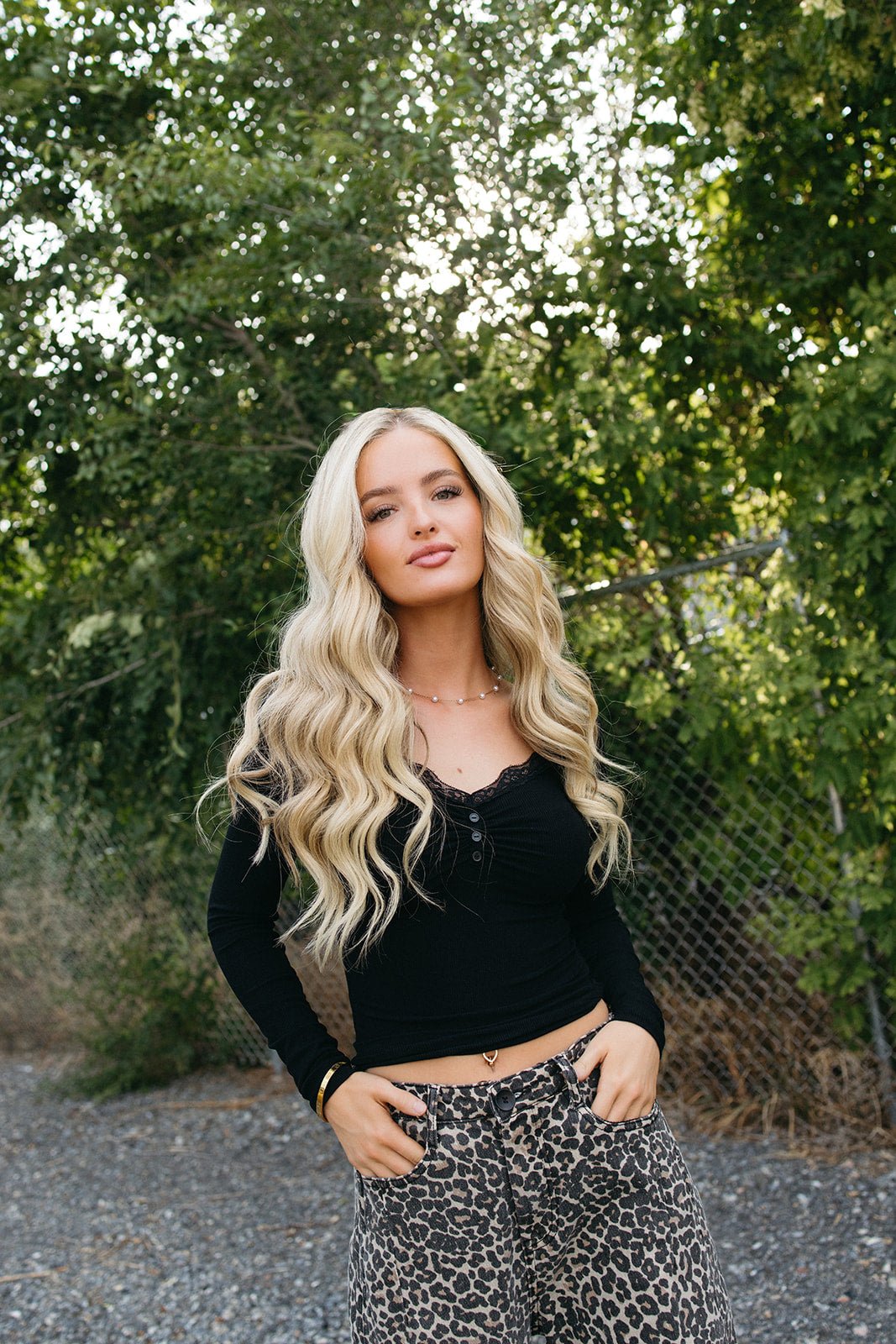 Long sleeve lace trim front button top