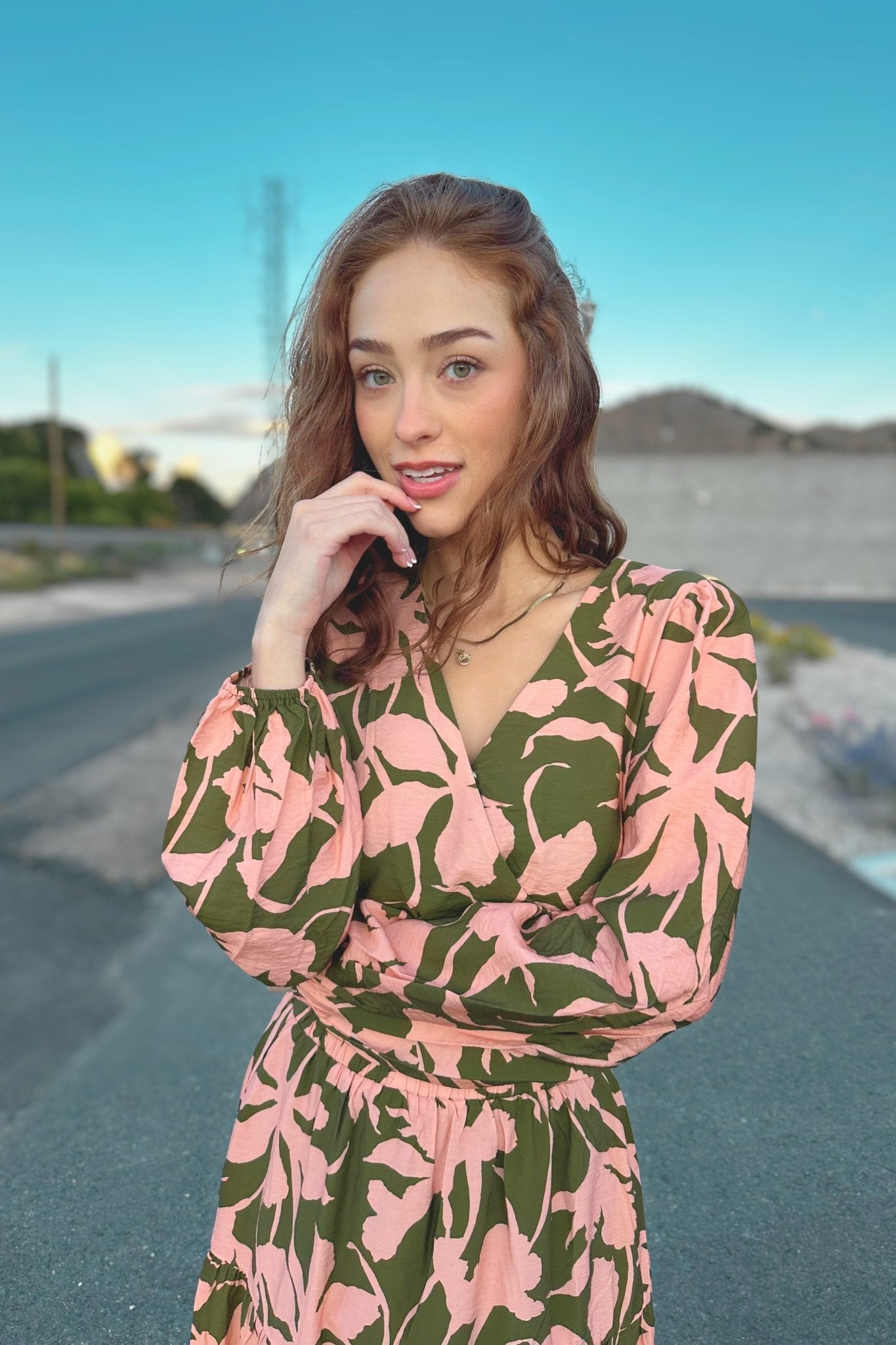 Pink and Olive Floral Skirt and Top set Vacation wear