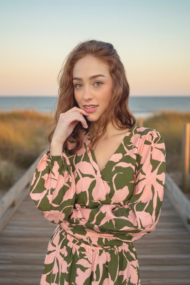 floral crop top, v-neck blouse, olive floral top, long sleeve crop blouse, smocked back top, fall floral fashion, boho floral blouse