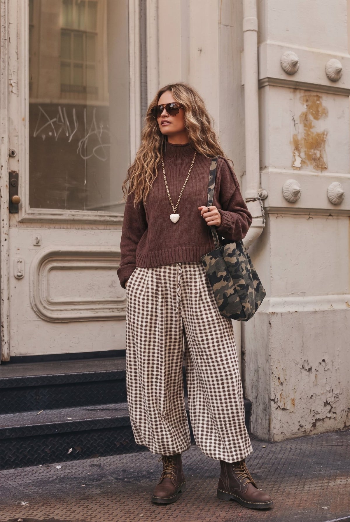 Women's brown and cream gingham checkered balloon pants featuring a relaxed, voluminous wide leg silhouette, elastic drawstring waistband, and side pockets, styled with a brown knit sweater and chunky boots for a trendy boho fall outfit.