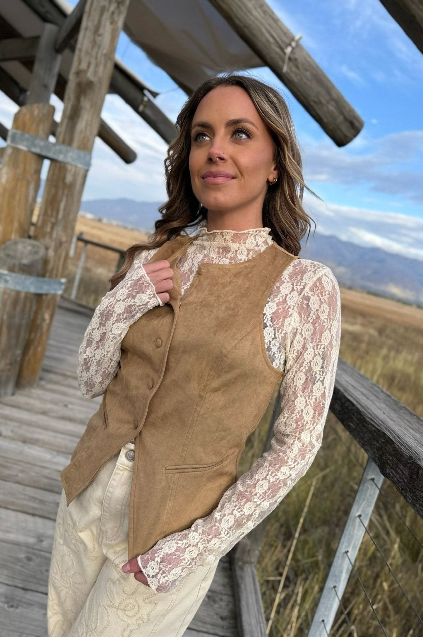 suede button up vest