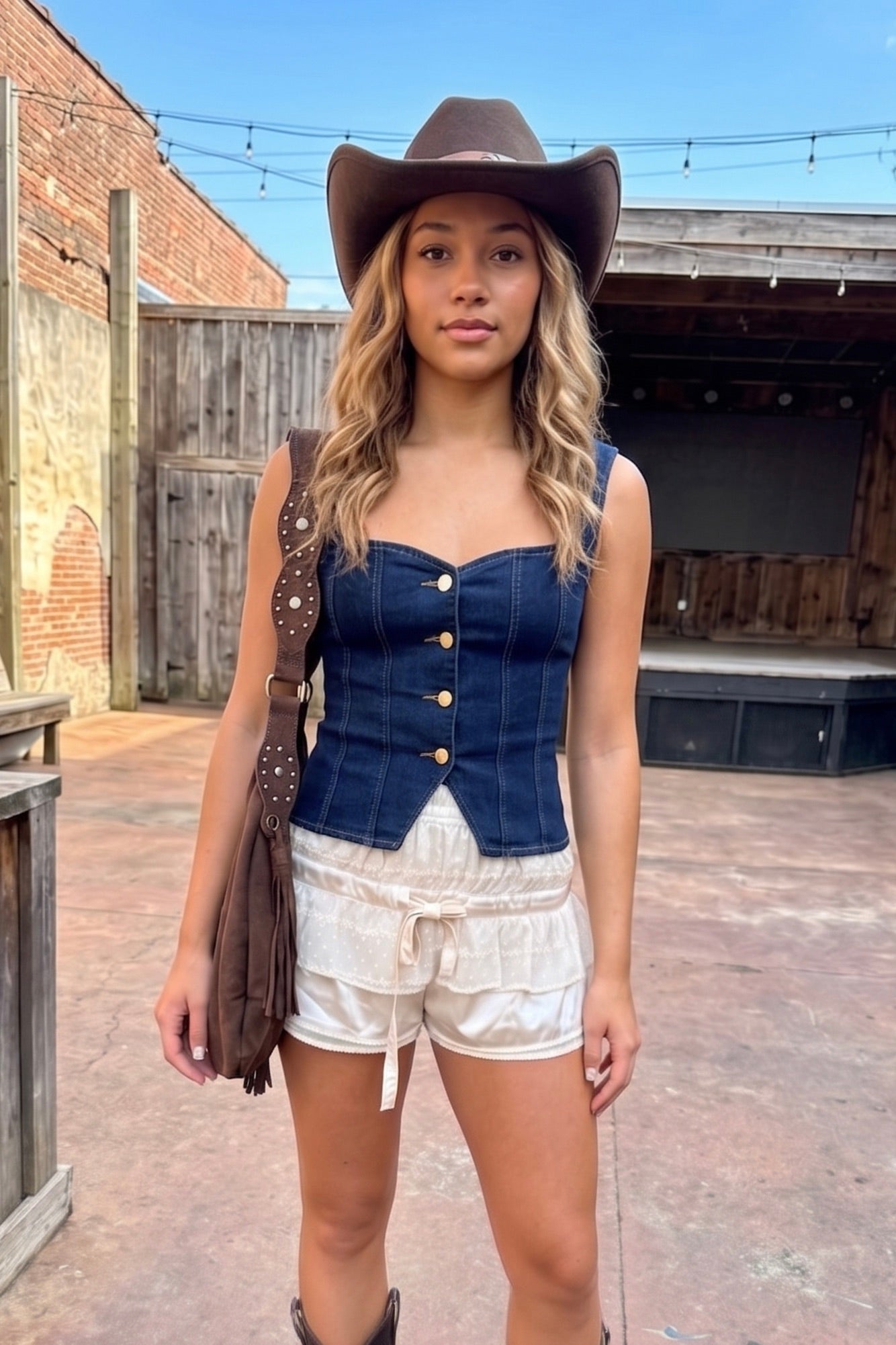Cream lace ruffle shorts with layered mesh detailing, elastic waistband, and romantic Y2K-inspired design styled with a dark denim corset top and Western accessories.
