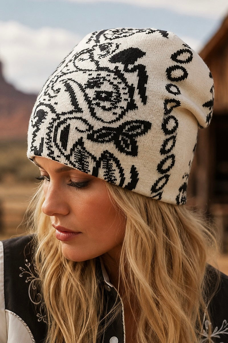 Women's western paisley knit beanie with an all-over bandana-inspired print and relaxed slouchy fit.
