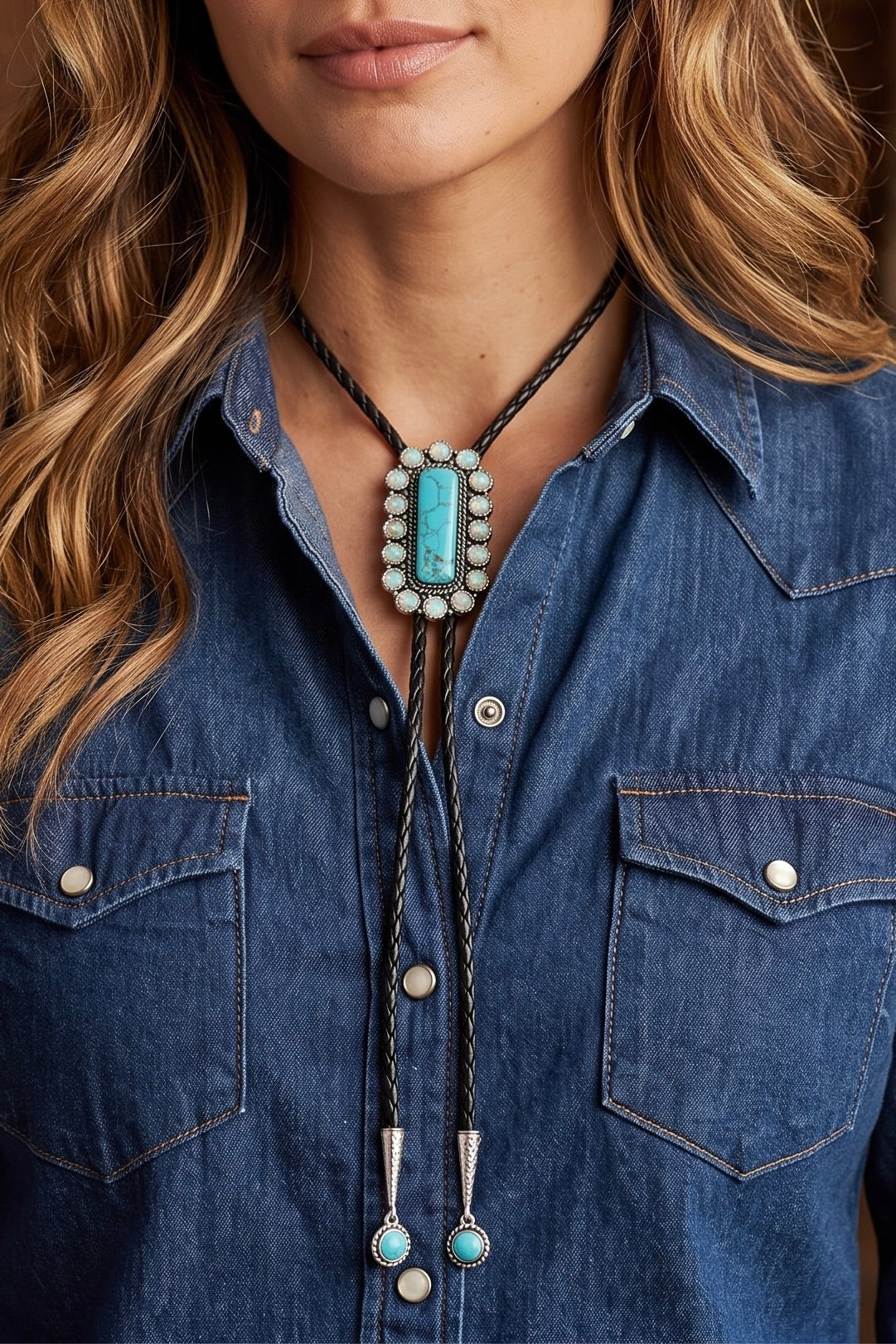 Western bolo necklace with rectangular turquoise-look stone, crystal border, black braided cord and silver-tone turquoise-accented tips.