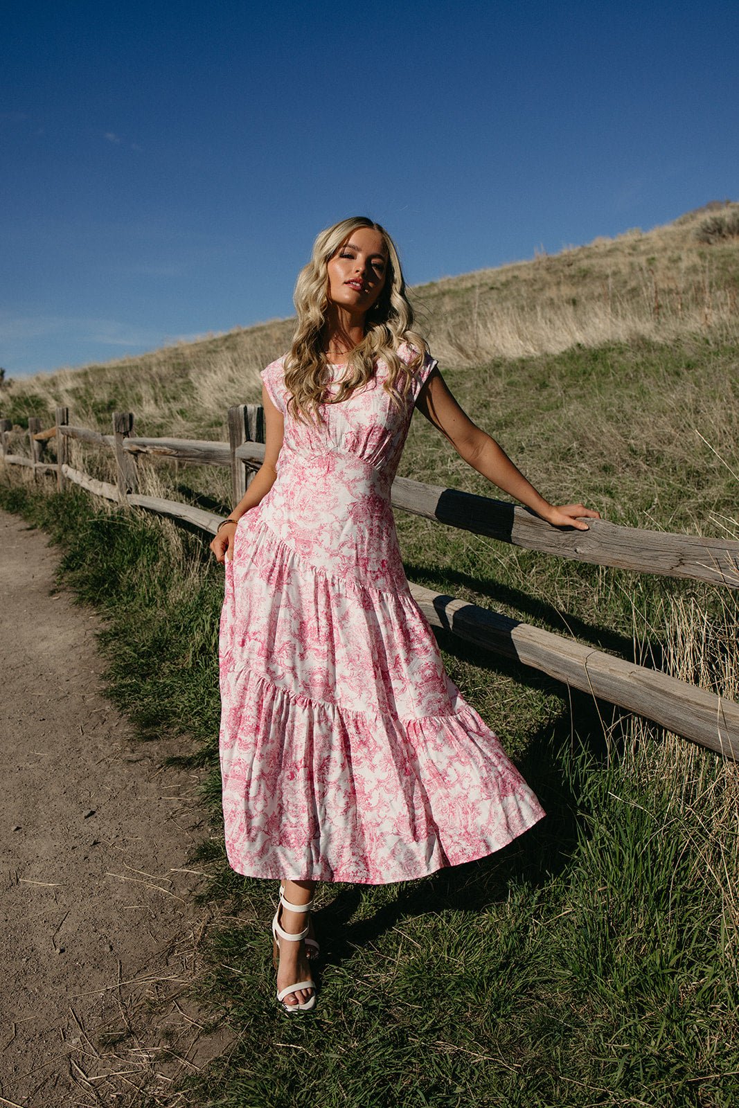 Toile midi dress, romantic summer dress, cottagecore fashion, tiered floral dress, garden party dress, blue toile dress, blush midi dress, feminine event wear.