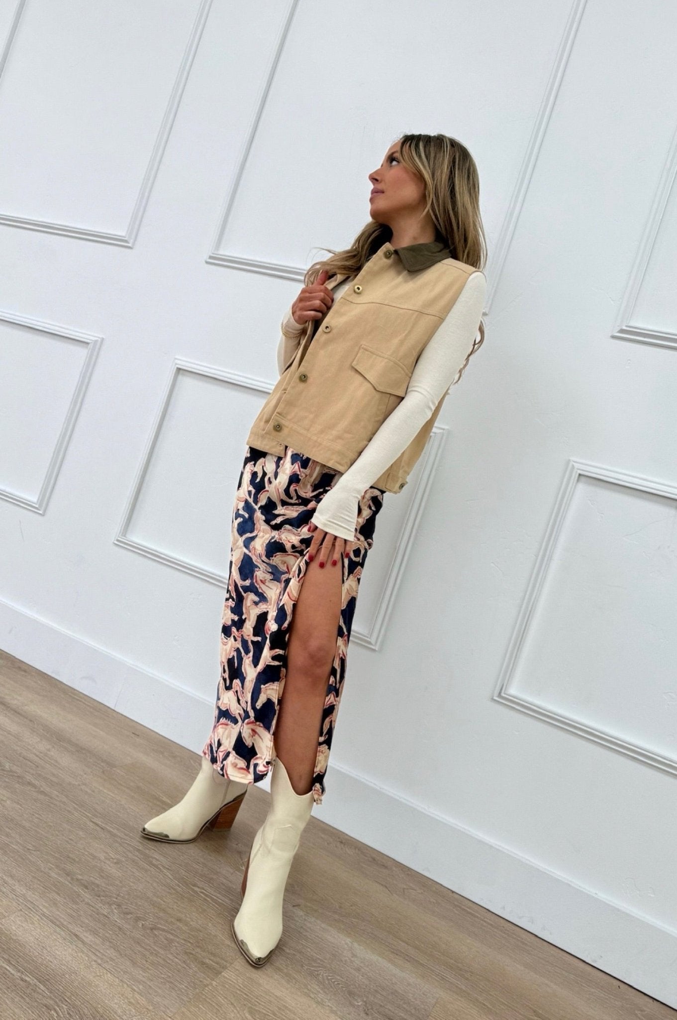 Horse print skirt, satin midi skirt, western fashion, boutique cowgirl, holiday party outfit, silky midi, western romance style, equestrian chic.