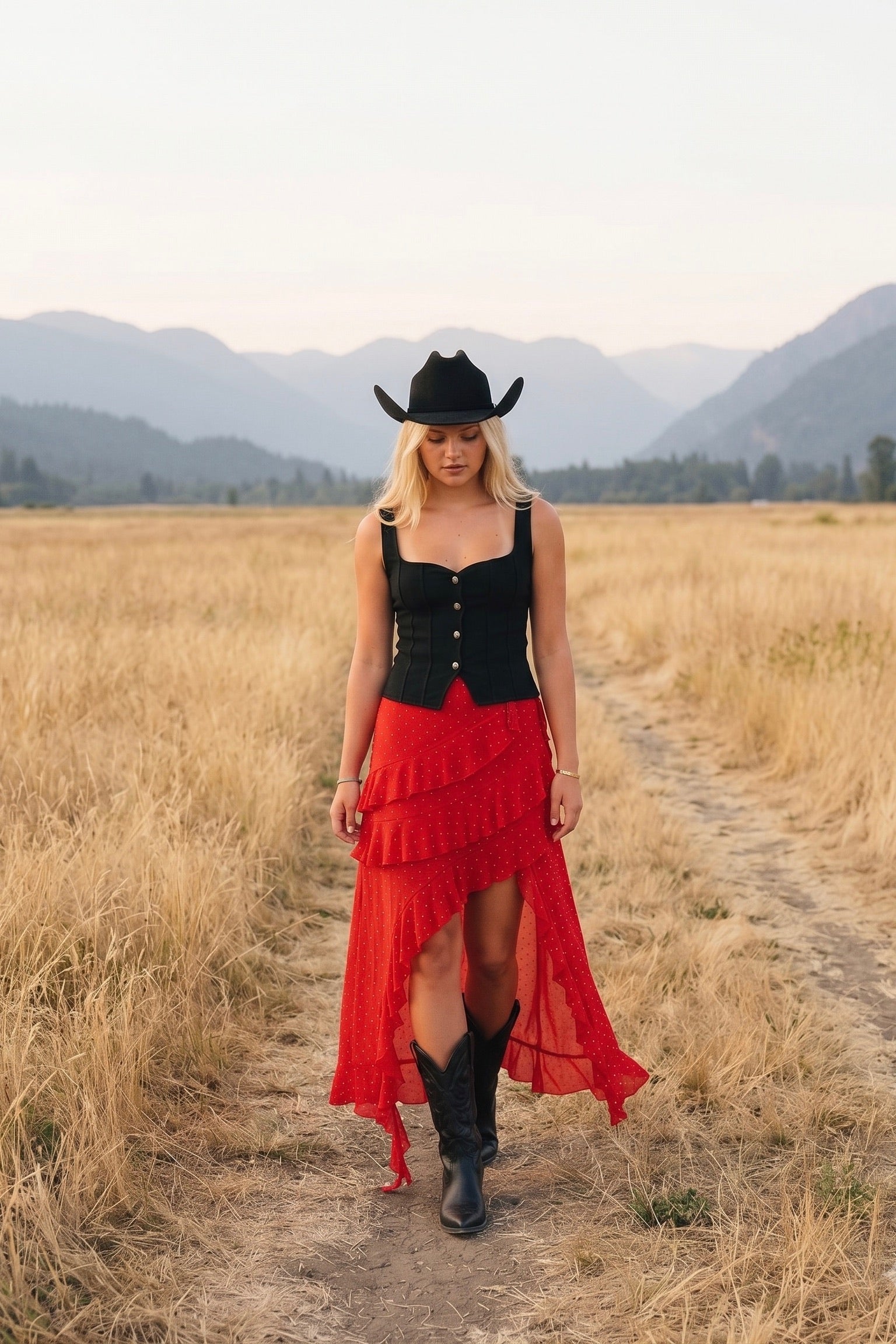 Red mesh asymmetrical midi skirt with rhinestone embellishments, cascading ruffle layers, and a dramatic high-low hem.