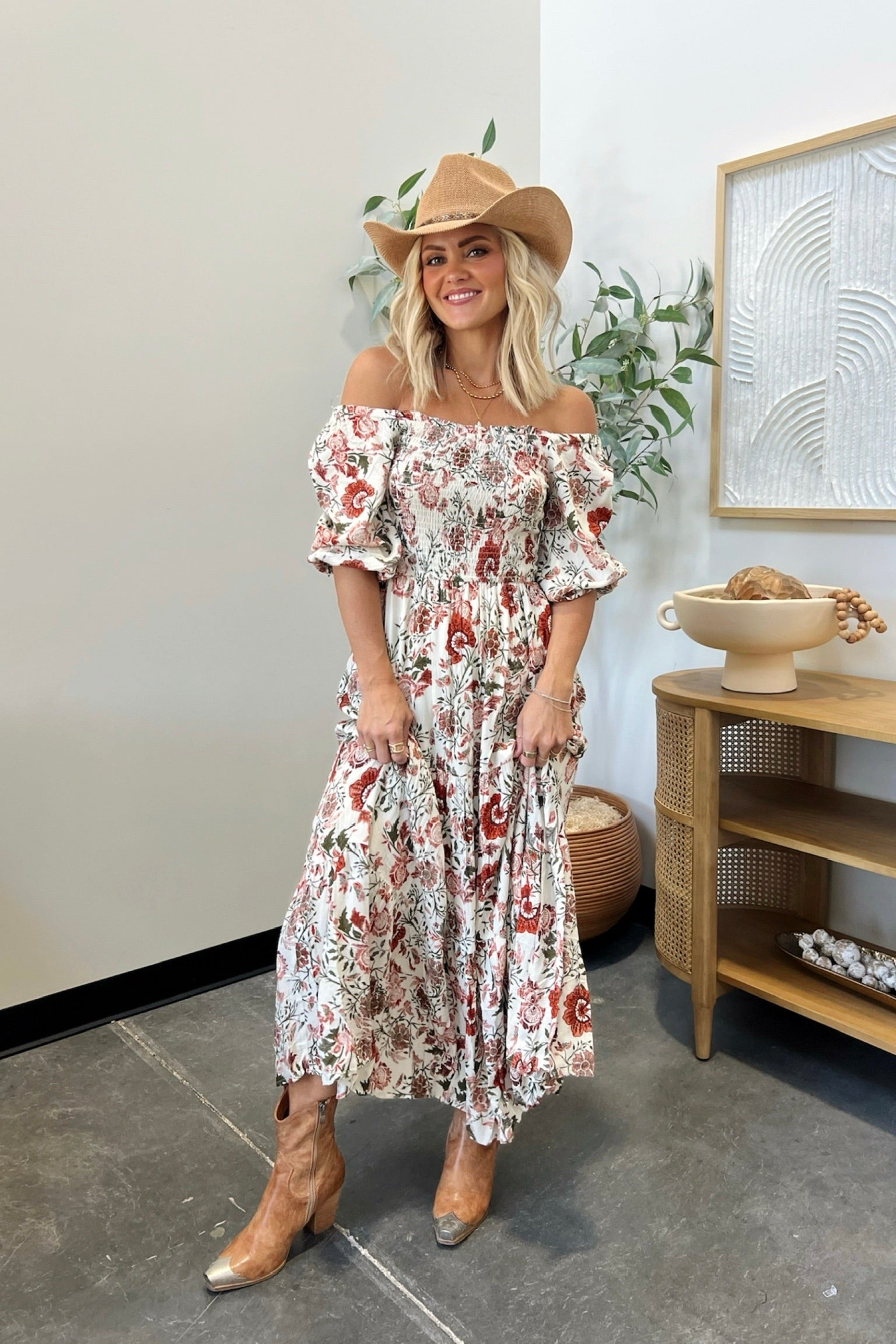 Multi color ivory and rust maxi dress with smocked top