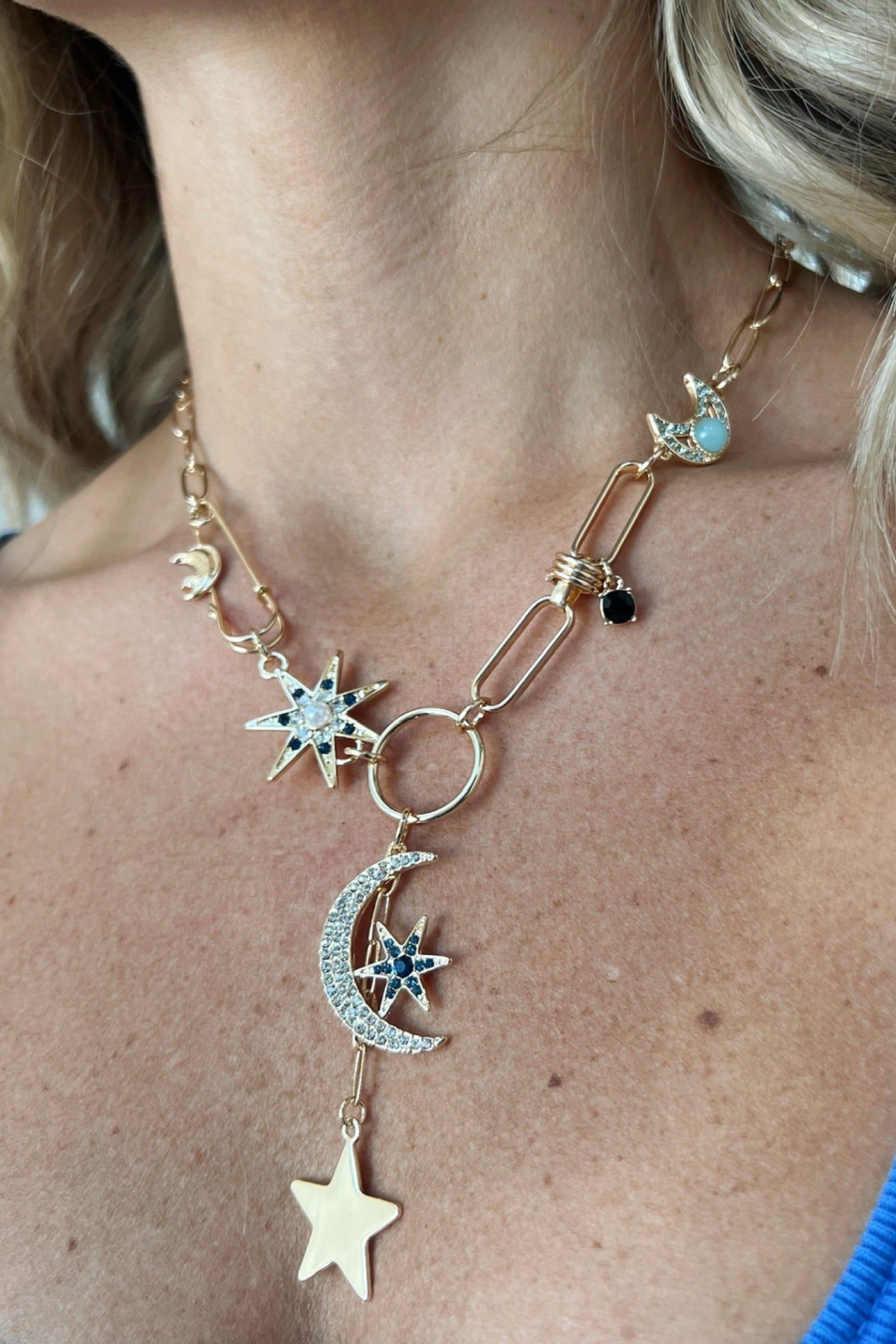 moon and star charms on link necklace